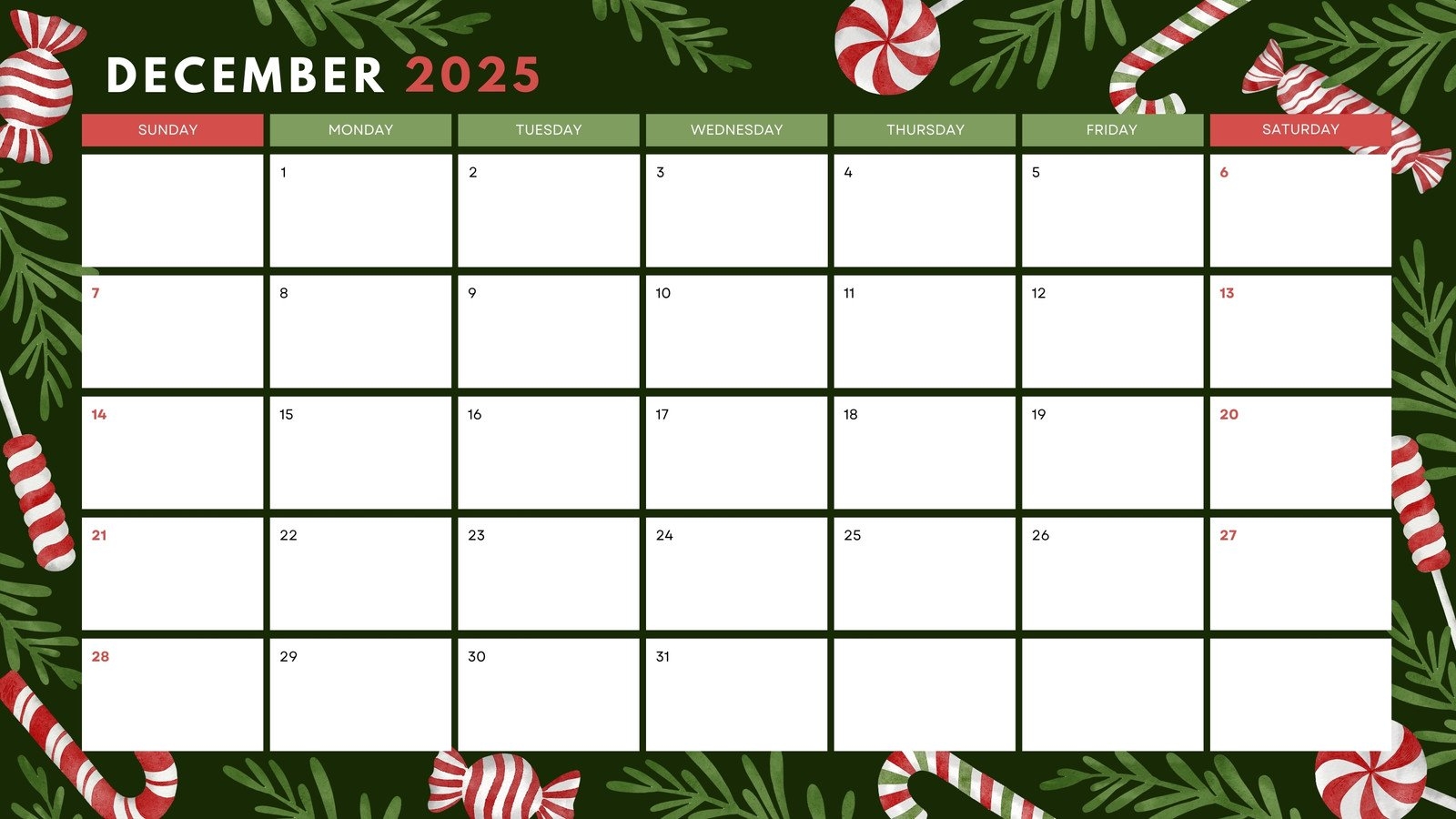 Empty December Calendar 2025