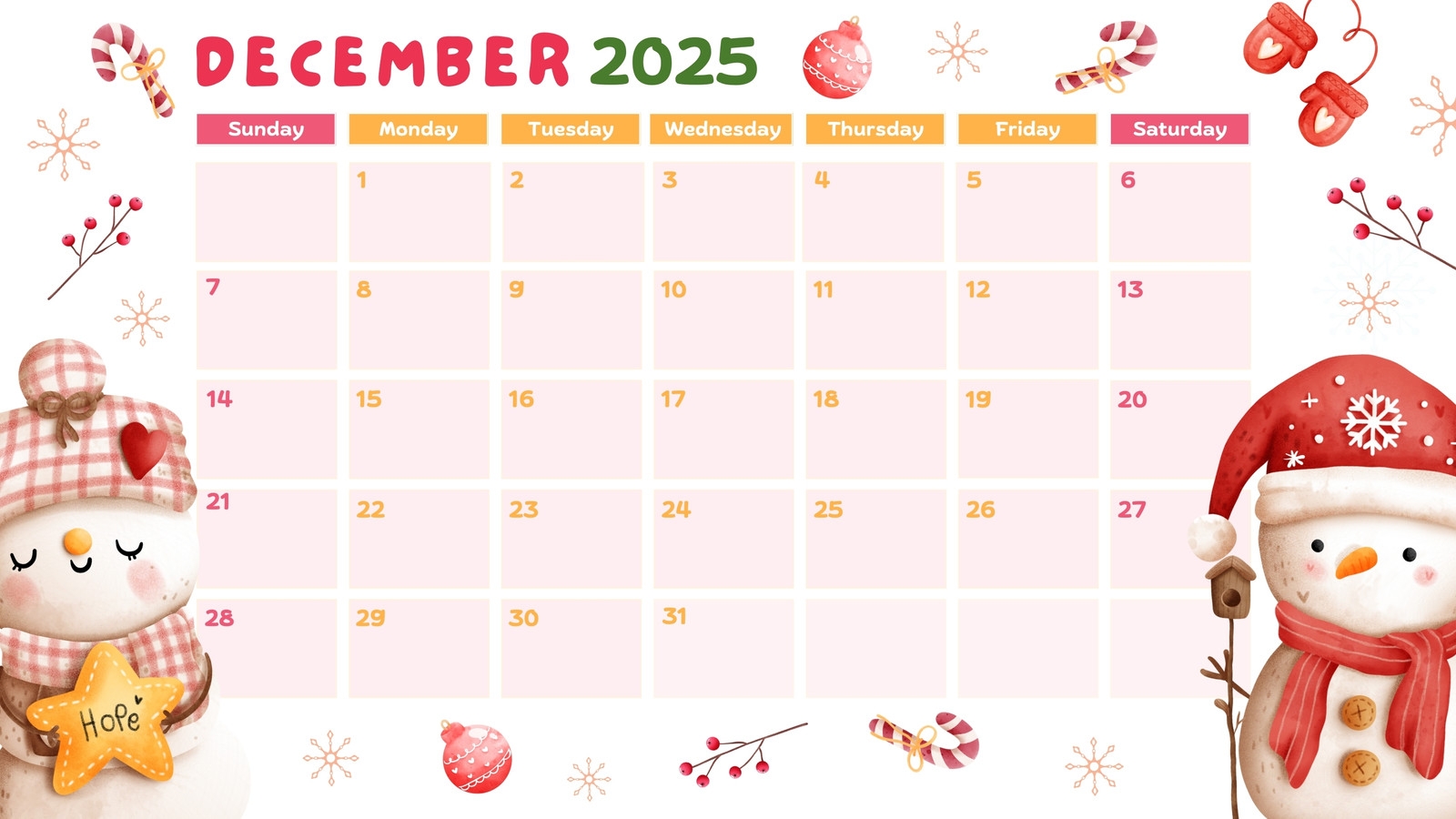 December Calendar 2025 Printable