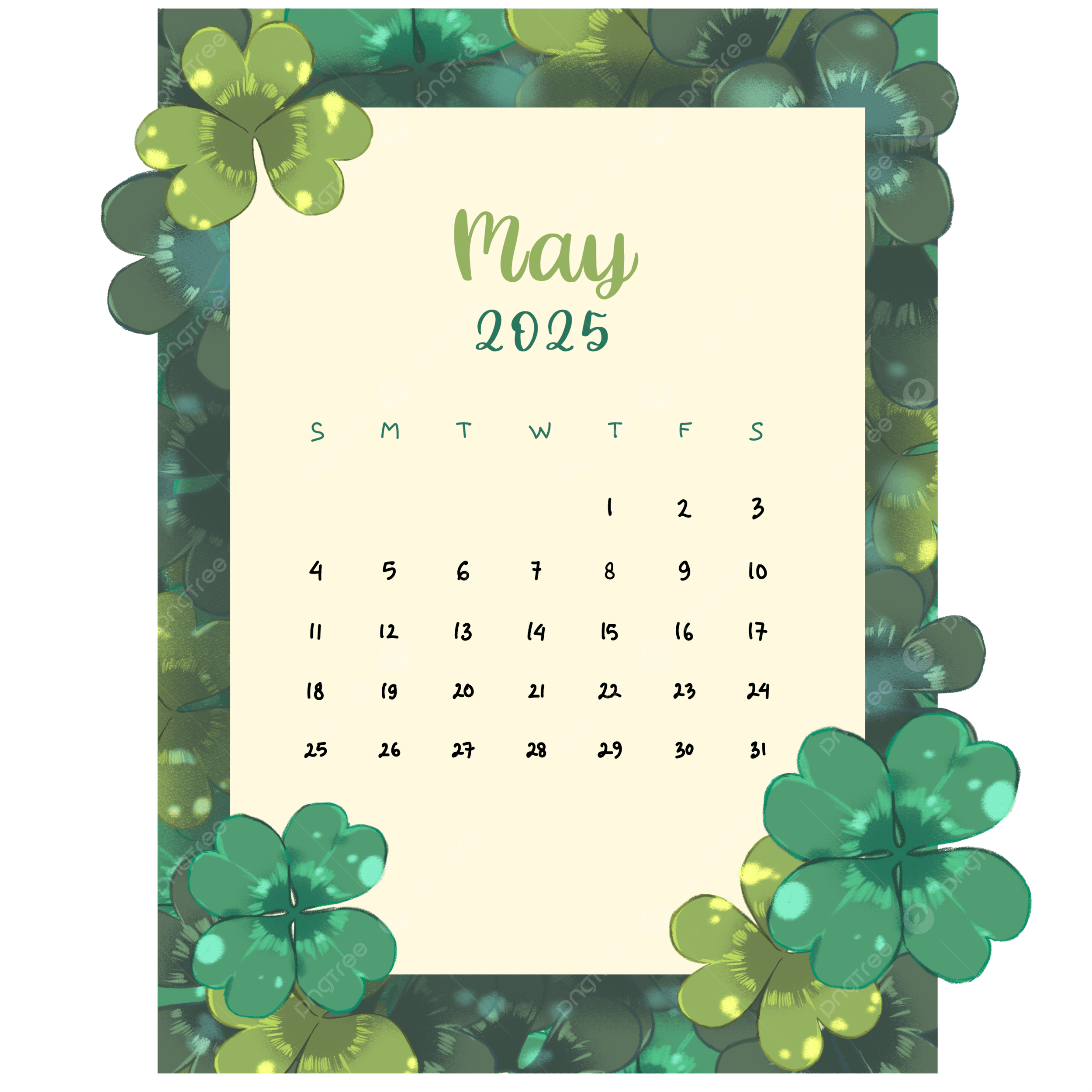 Green Clover Monthly May Calendar 2025 Vector May Calendar 2025 Green PNG And Vector With Transparent Background For Free Download