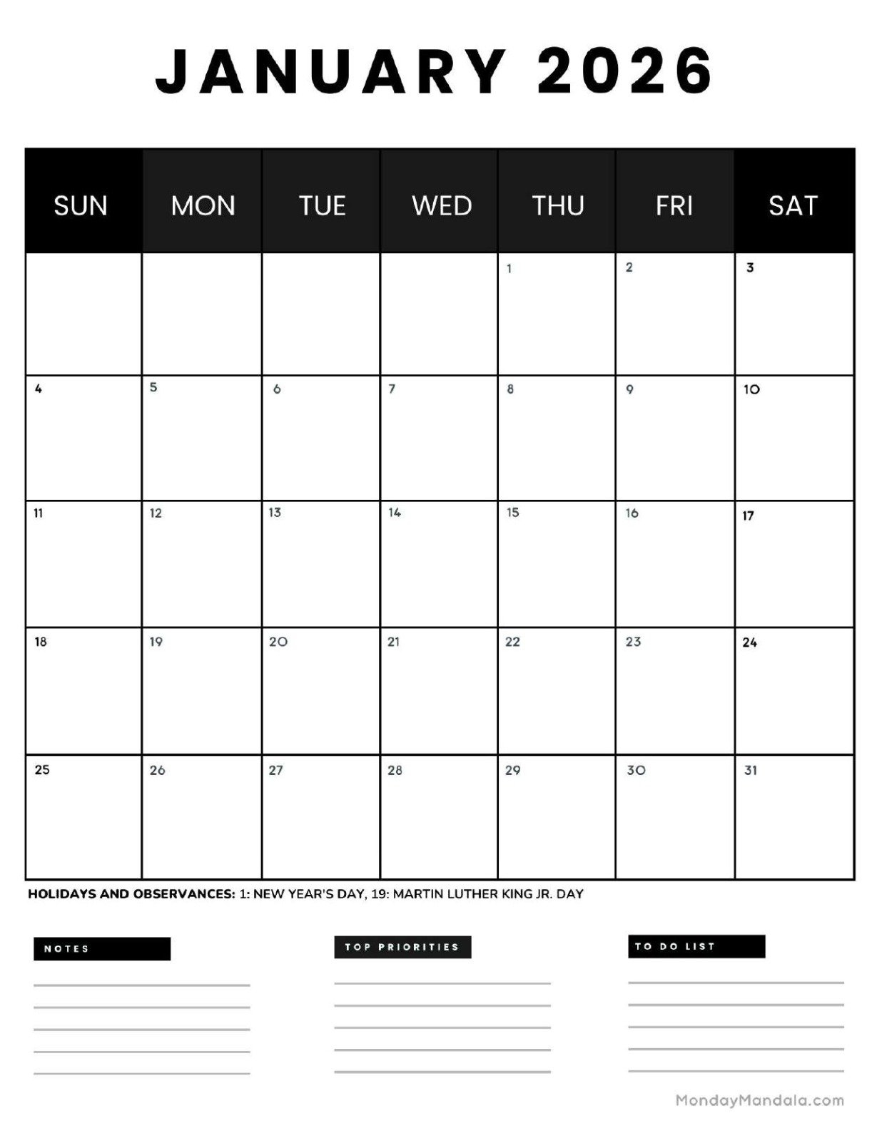January 2026 Blank Calendar