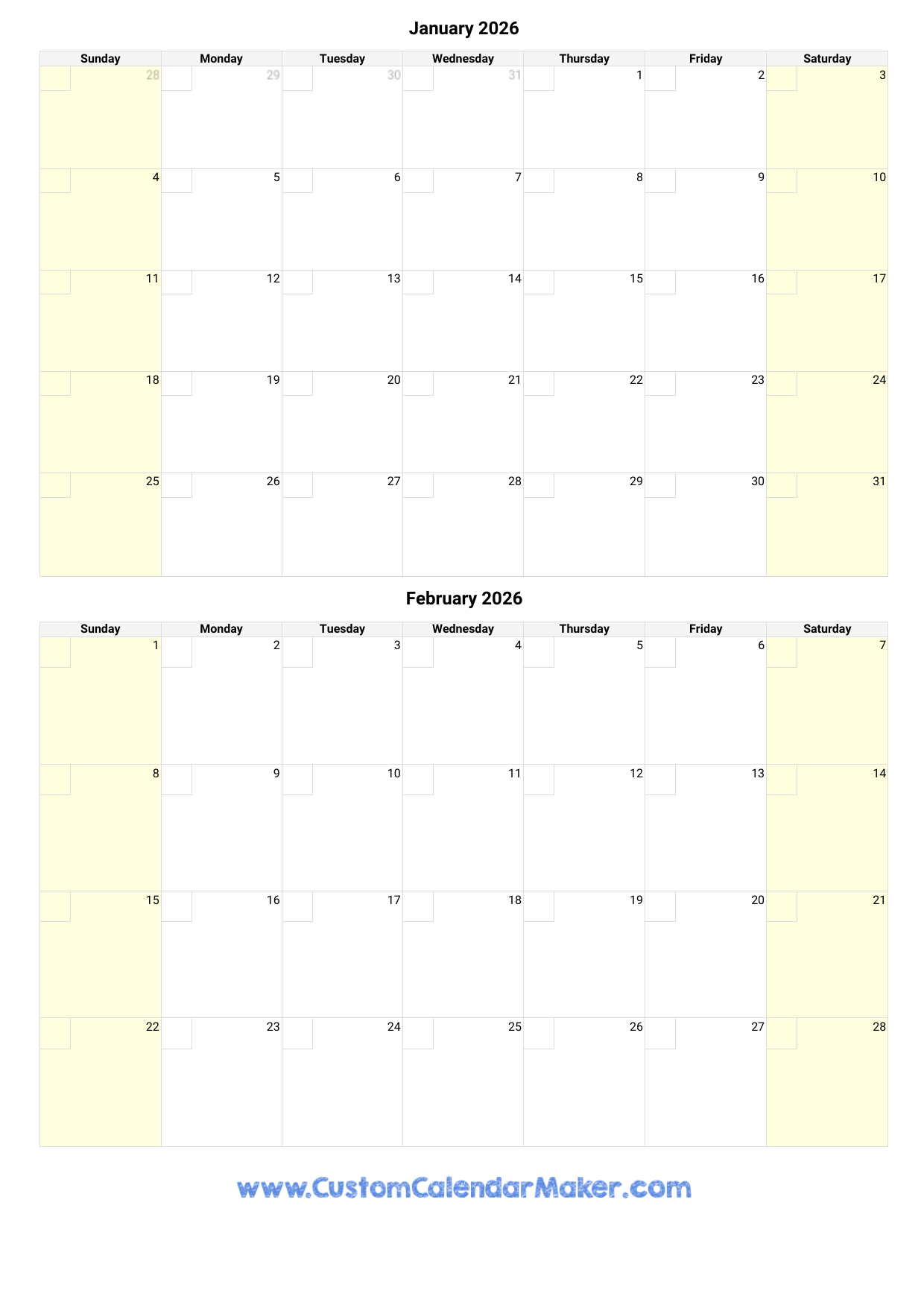 January And February 2026 Calendar Custom Calendar Maker