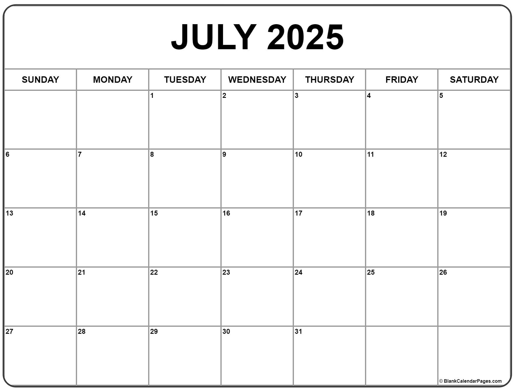 Calendar 2025 July