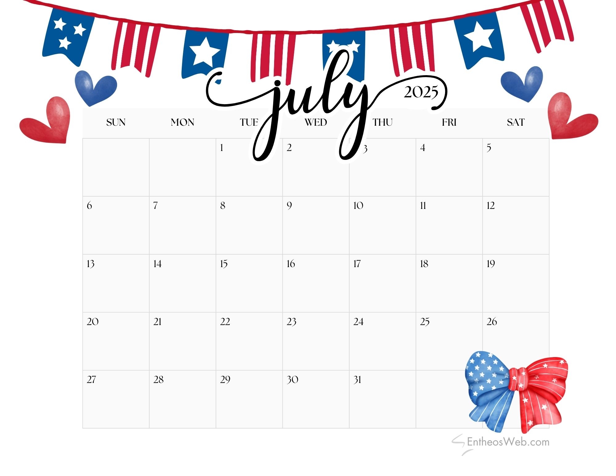 July 2025 Calendar With Holidays Printable Free