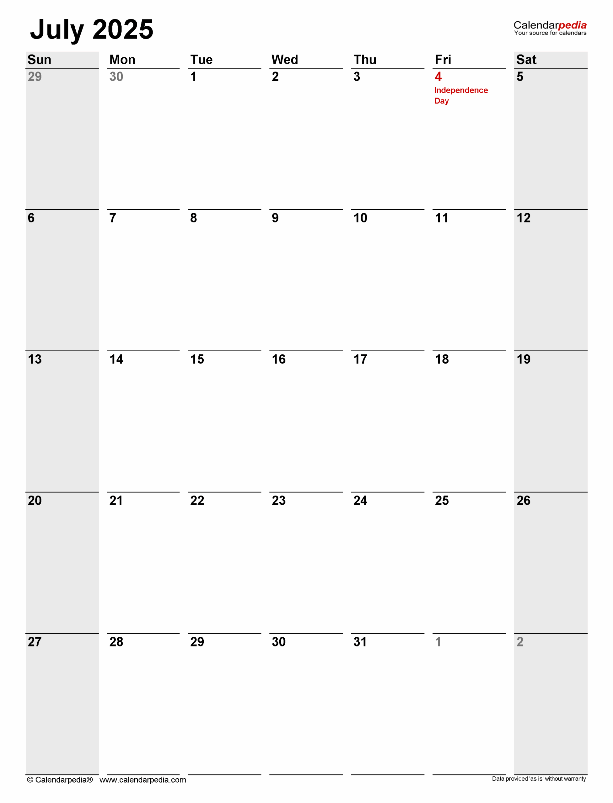 Fillable July 2025 Calendar