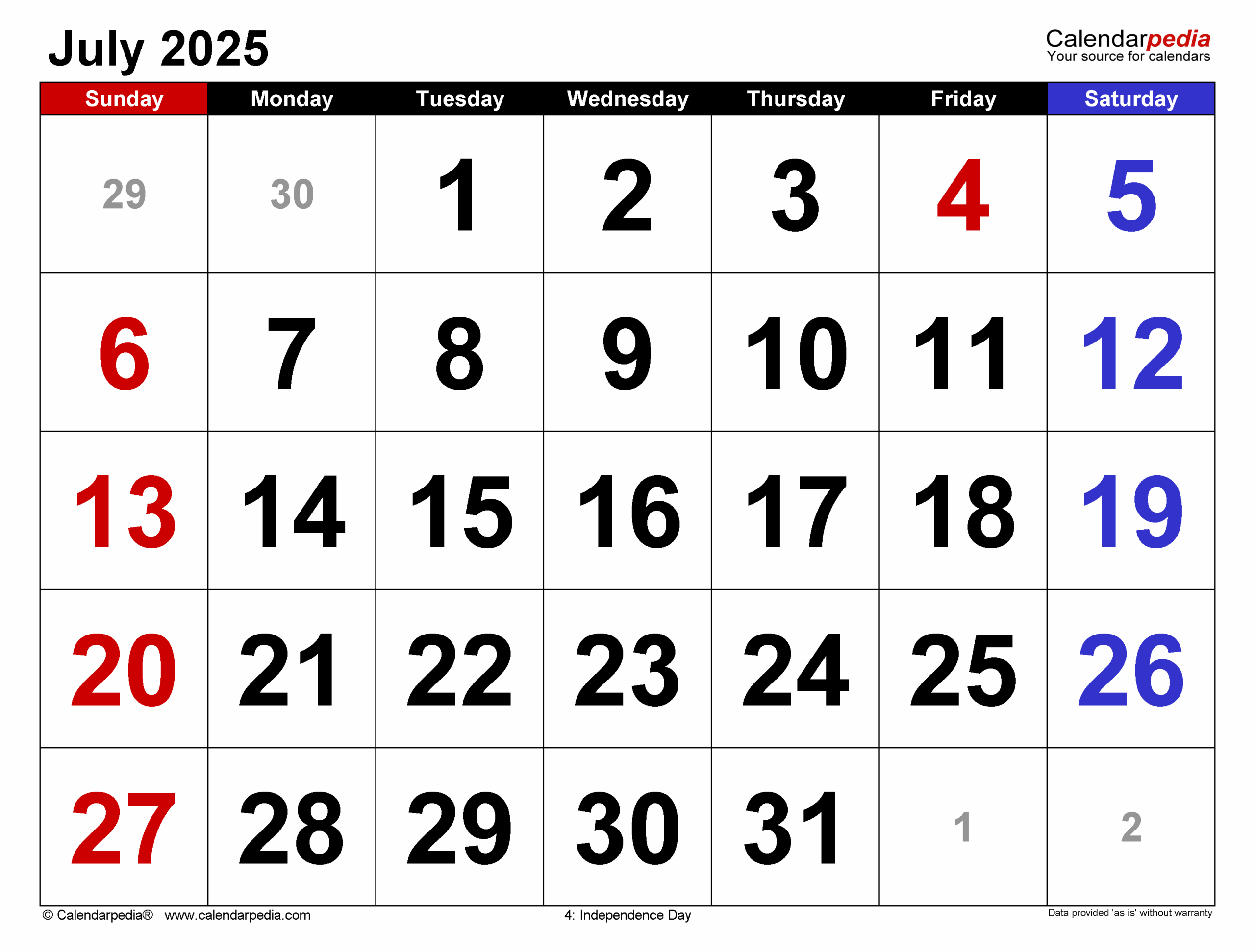 Editable July Calendar 2025