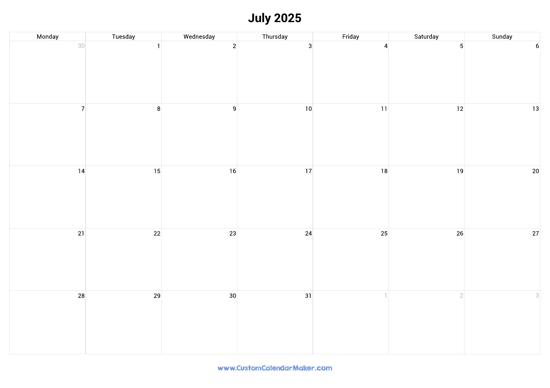 July 2025 Monday Start Calendar Monday To Sunday Custom 