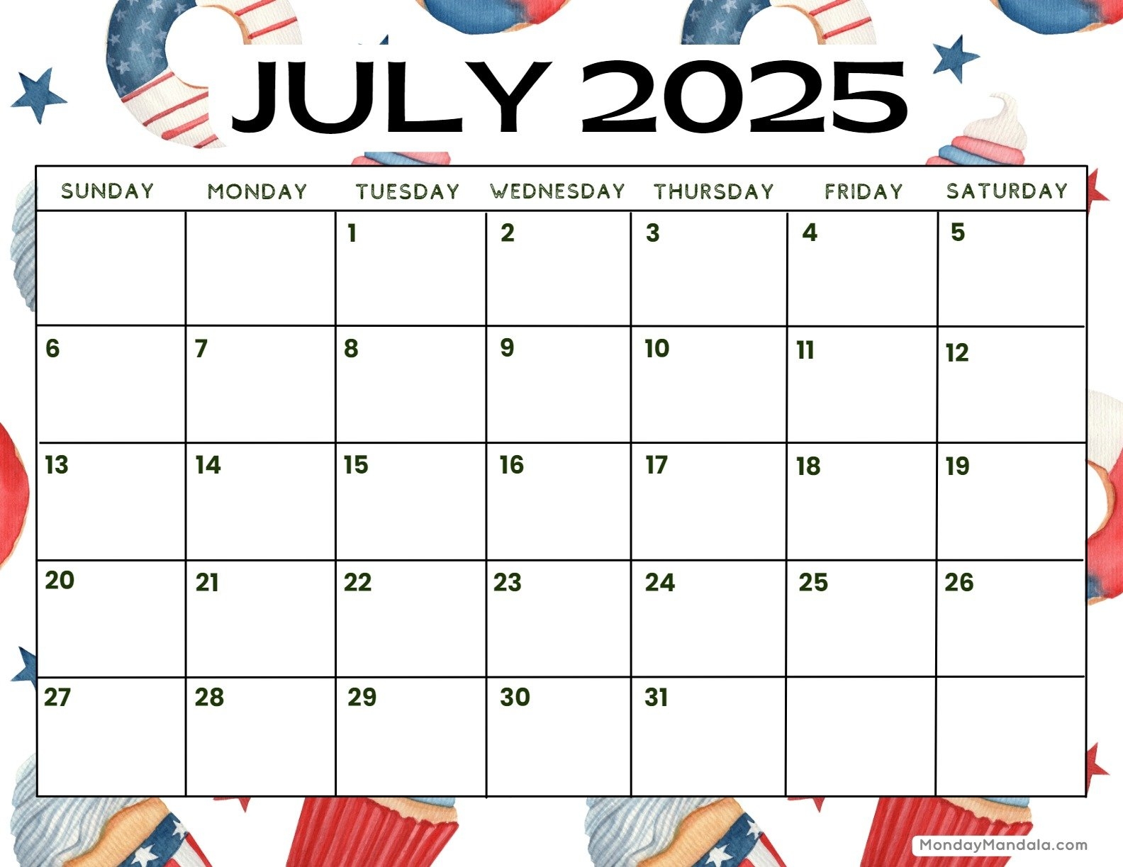 Free Printable Calendar July 2025