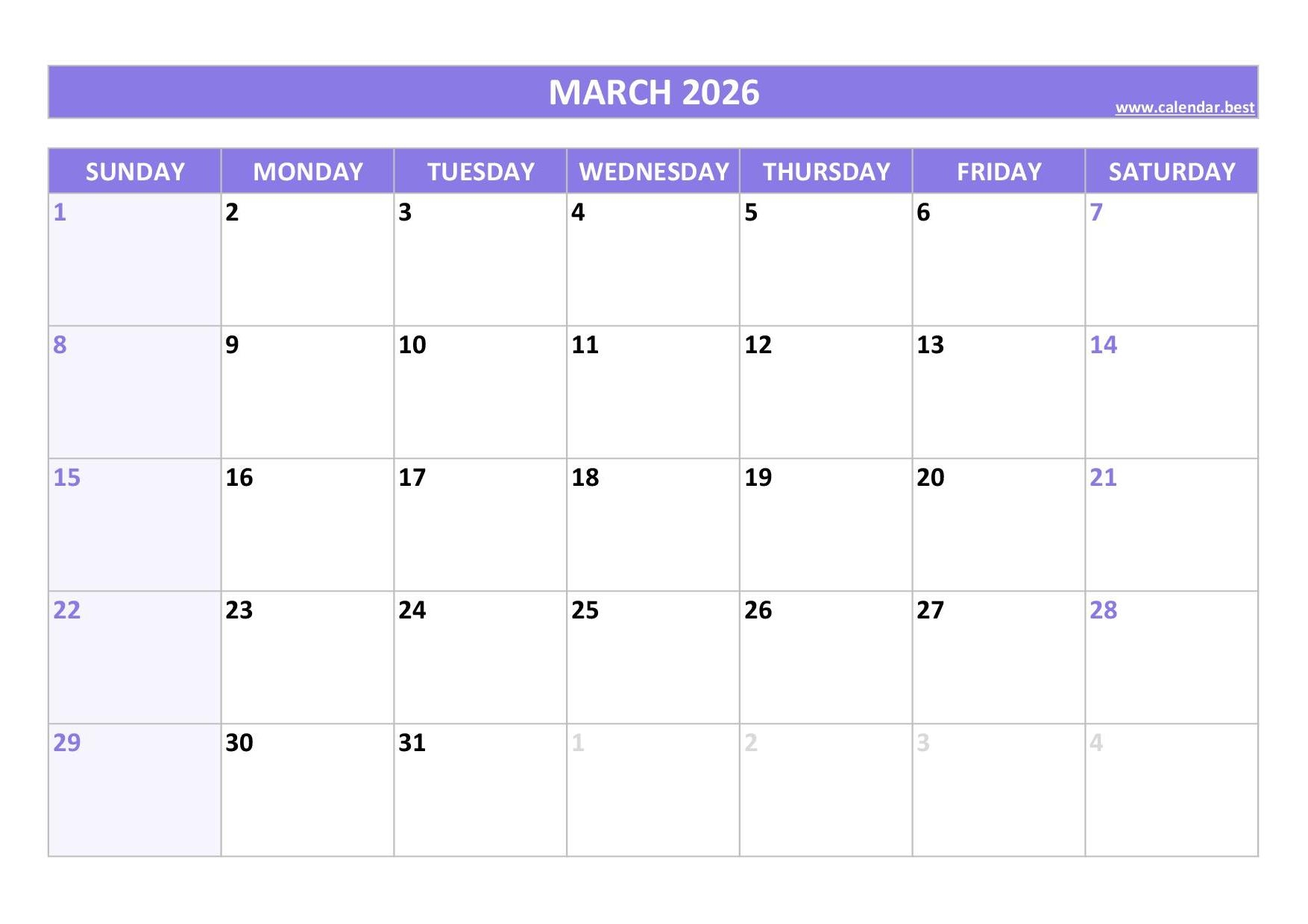 Calendar March April 2026