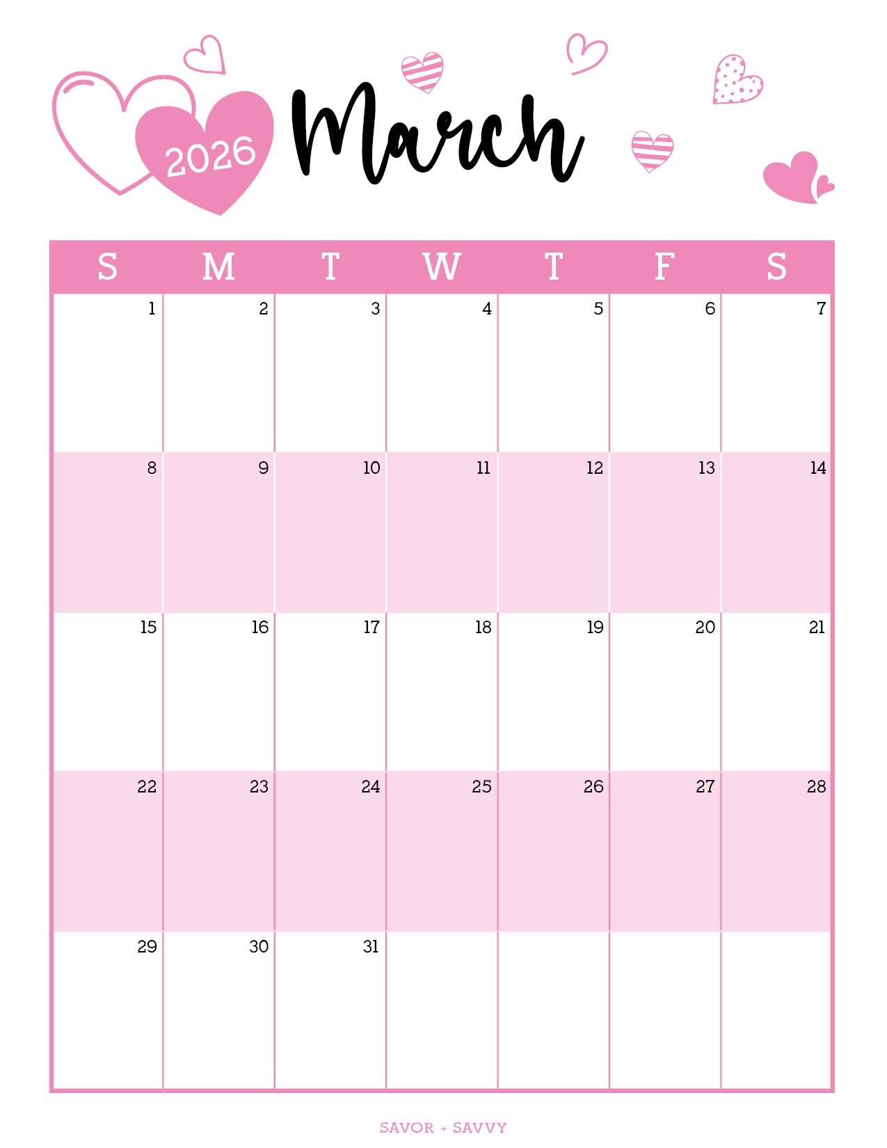 March 2026 Calendar Templates 14 Free Printables Savor Savvy