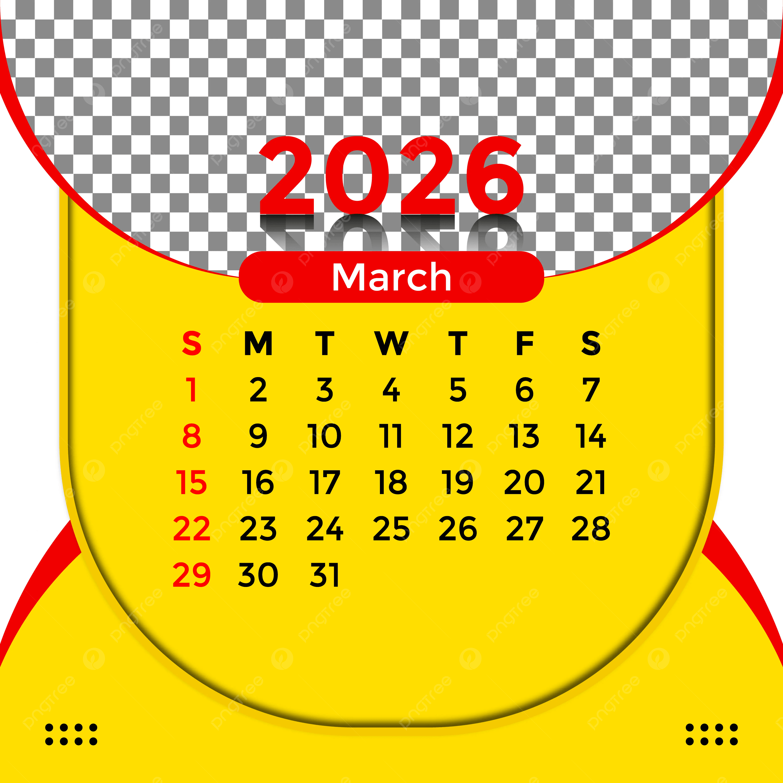 March 2026 Calendar Yellow And Red Vector Template Download On Pngtree
