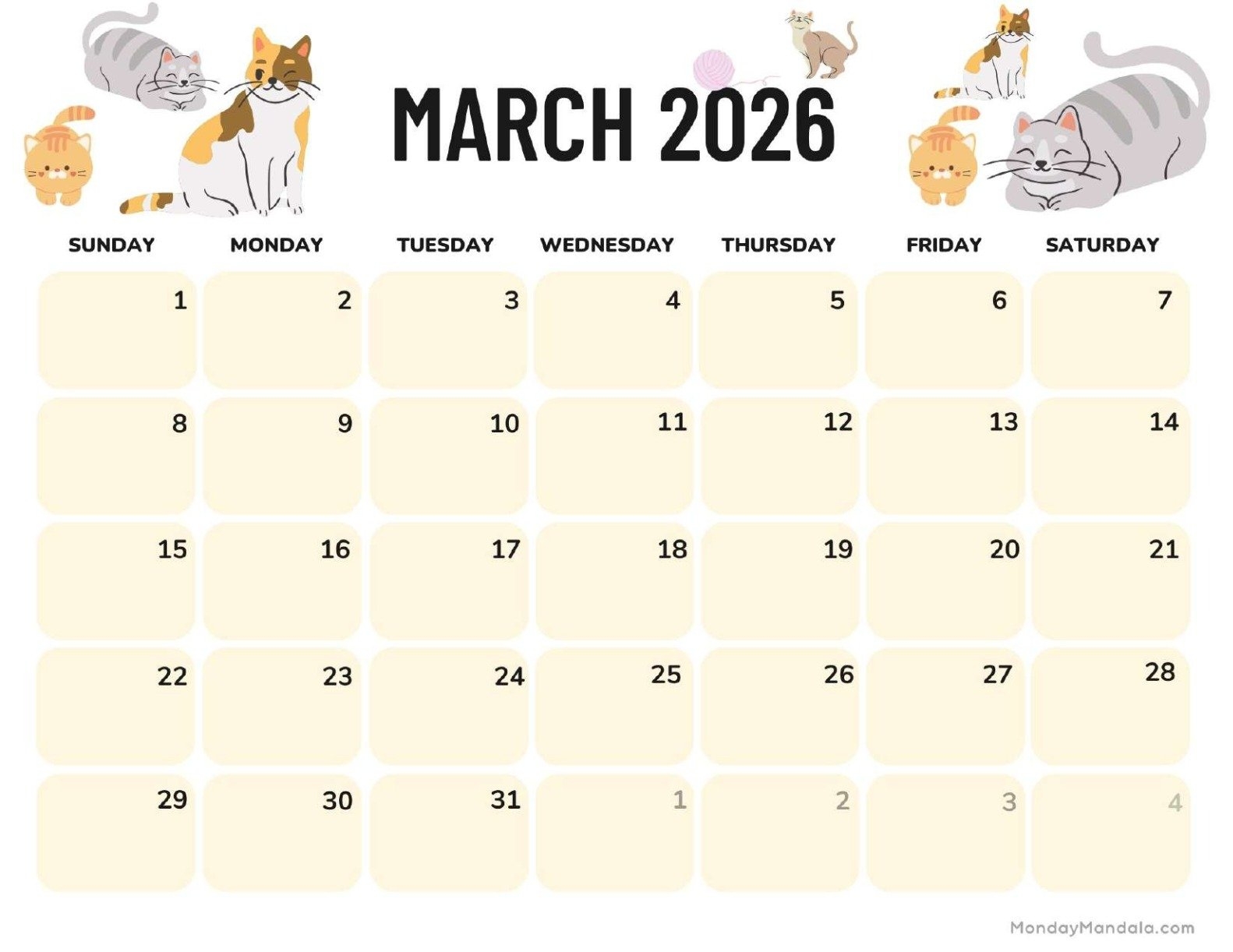 Free Calendar Template March 2026