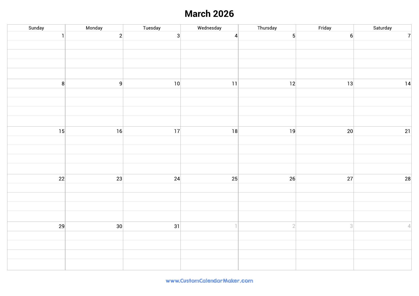 March 2026 Fillable Calendar Grid With Lines Custom Calendar Maker
