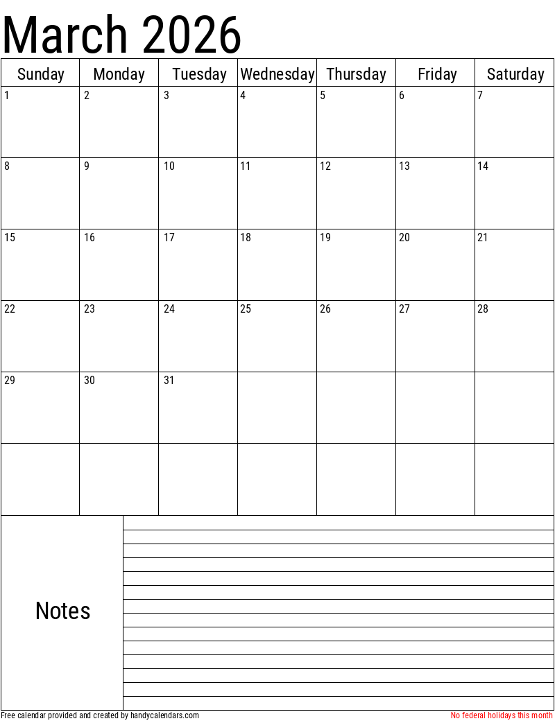 Printable Calendar 2026 March
