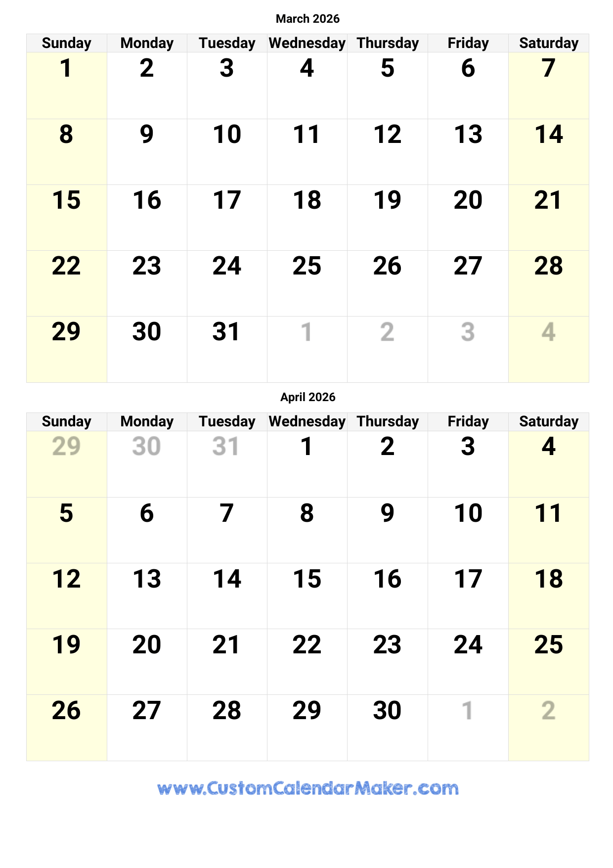 2026 Calendar March Month