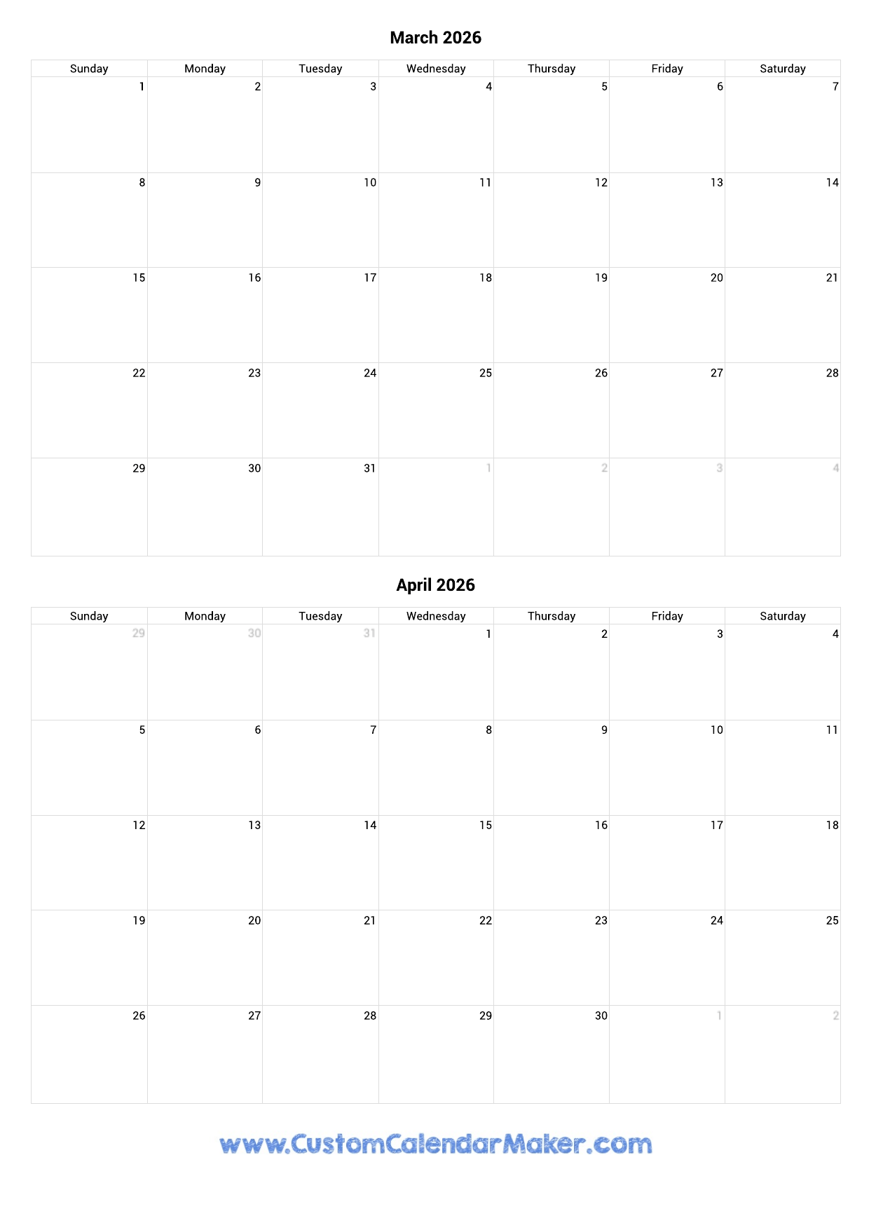 Feb March April May 2026 Calendar