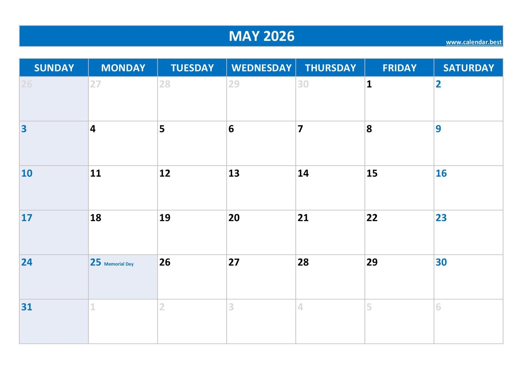 May 2026 Calendar Printable With Holidays