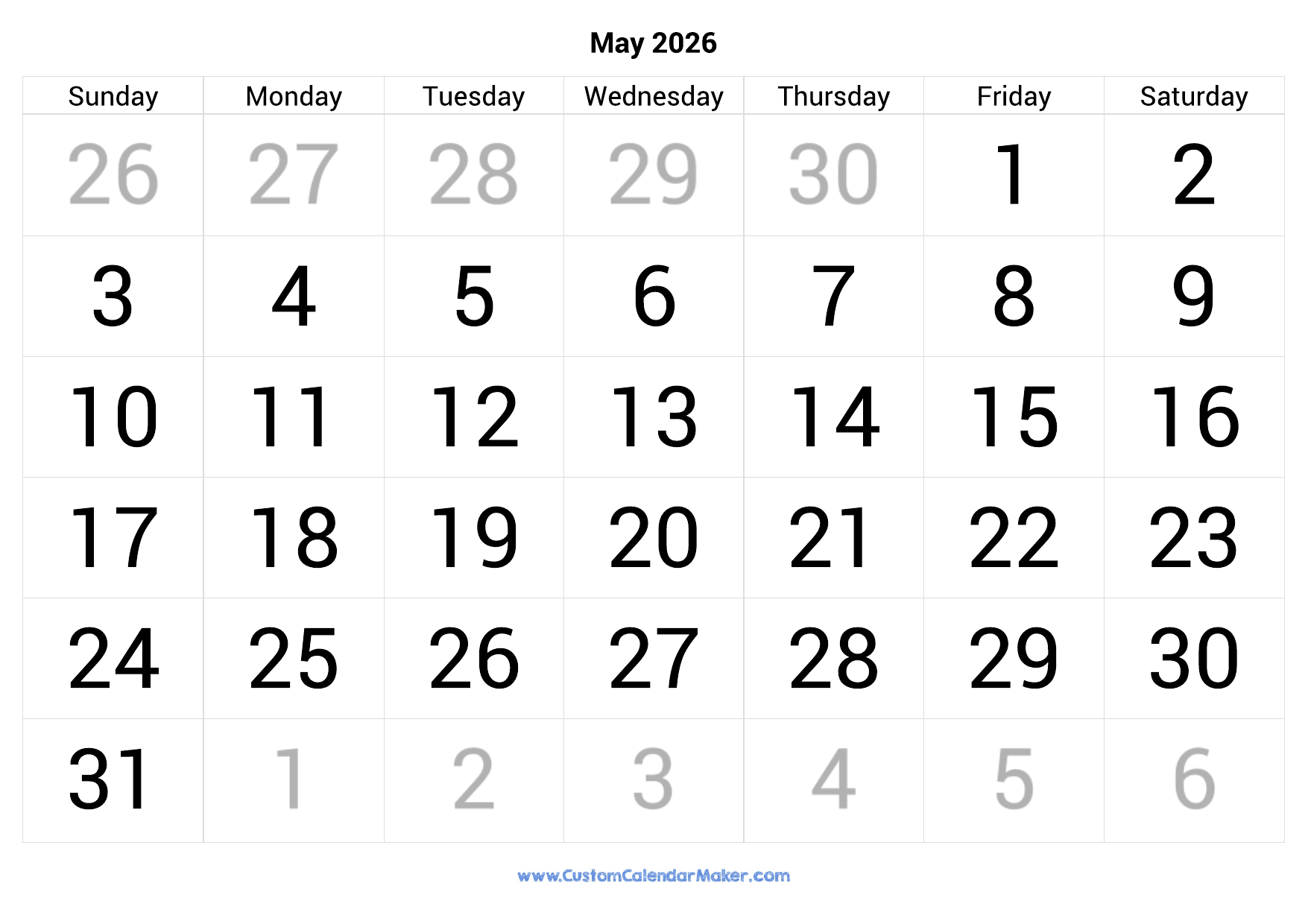 May 2026 Calendar With Holidays Printable