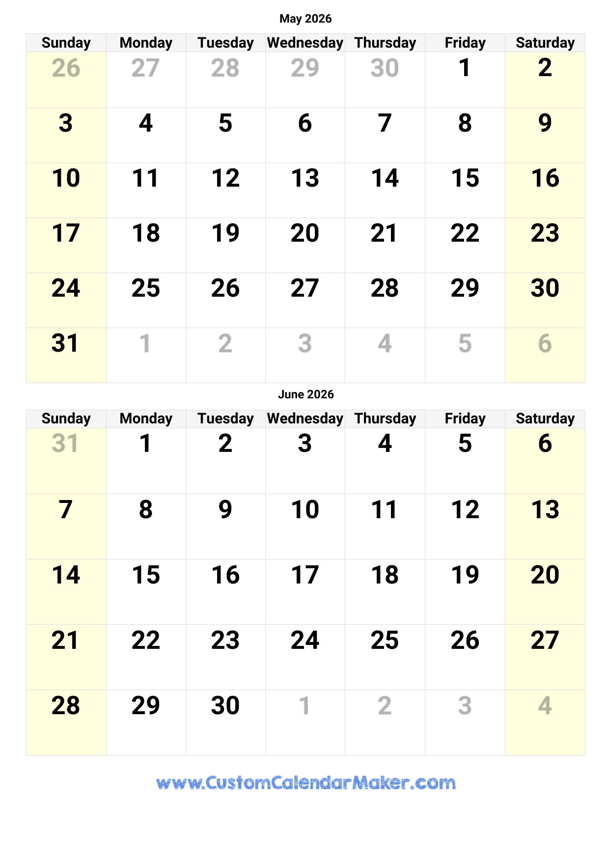 Calendar 2026 May June
