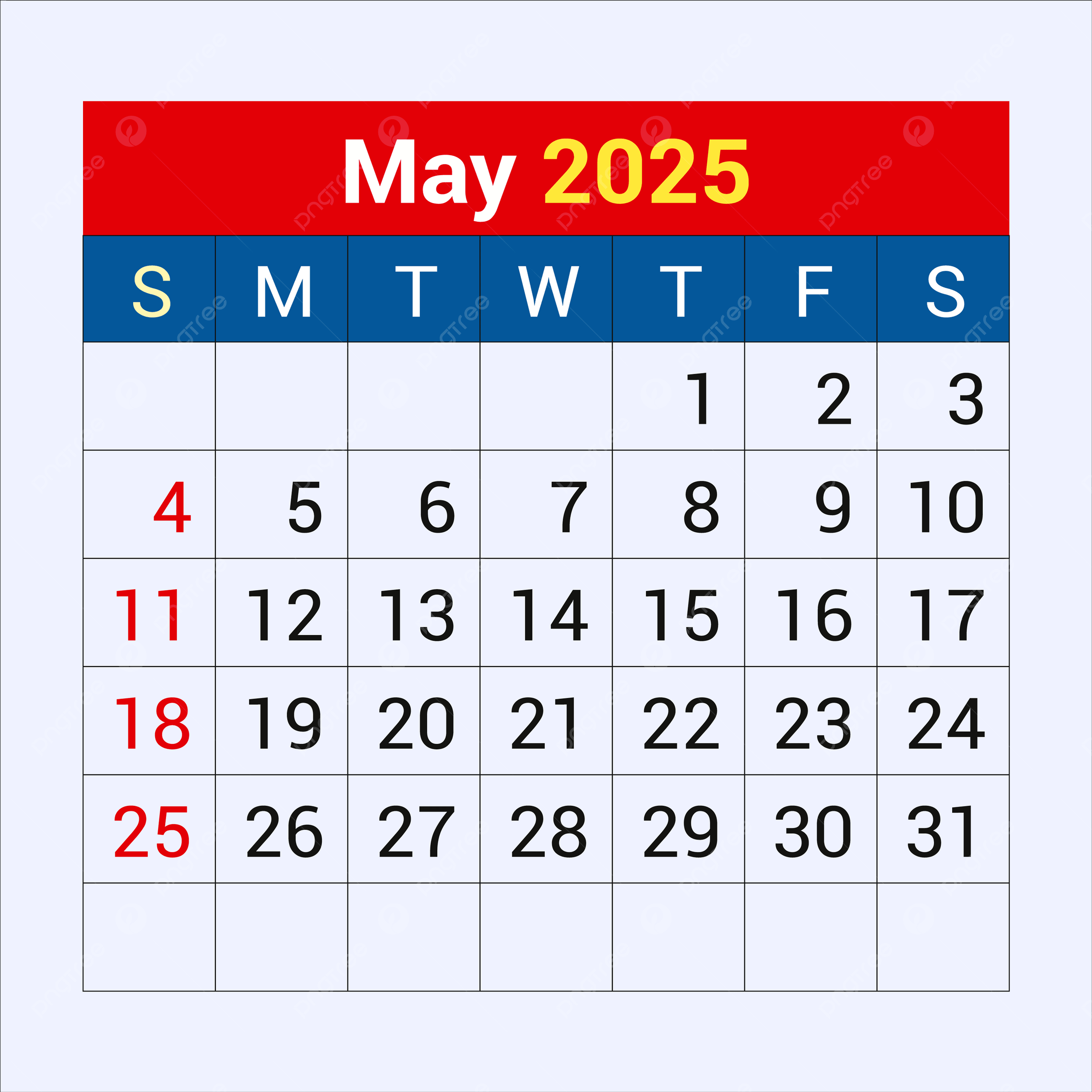 May Calendar 2025 Vector Template Download On Pngtree