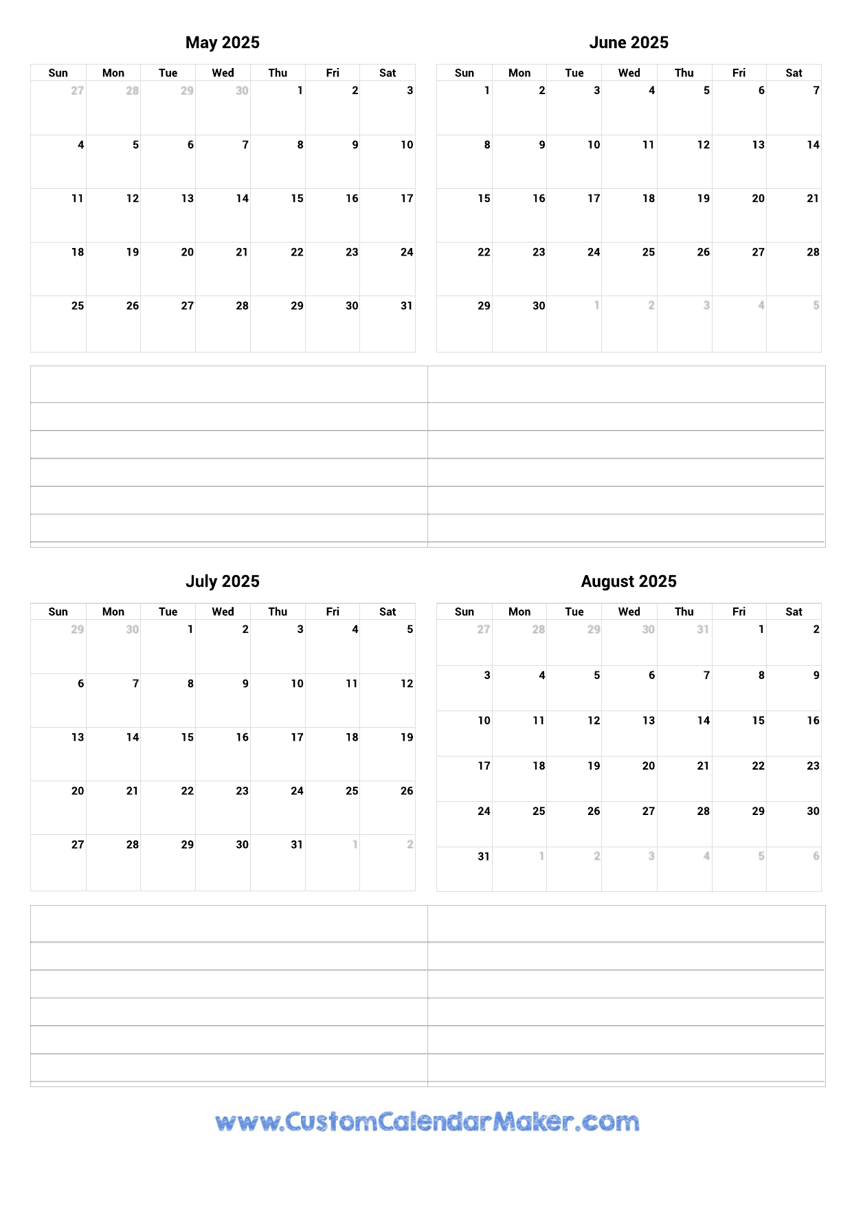 May To August 2025 Printable Calendar Custom Calendar Maker