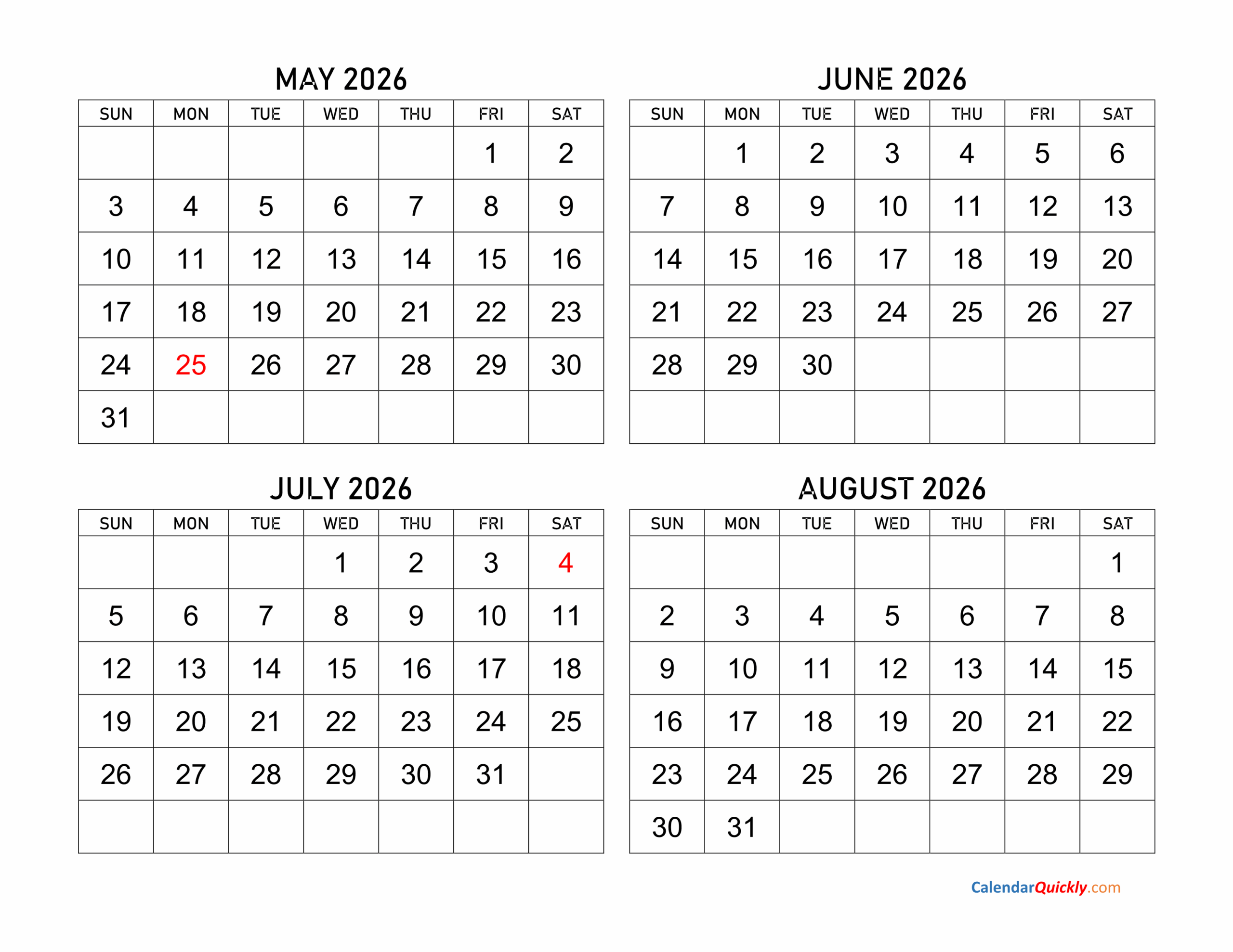May June Calendar 2026