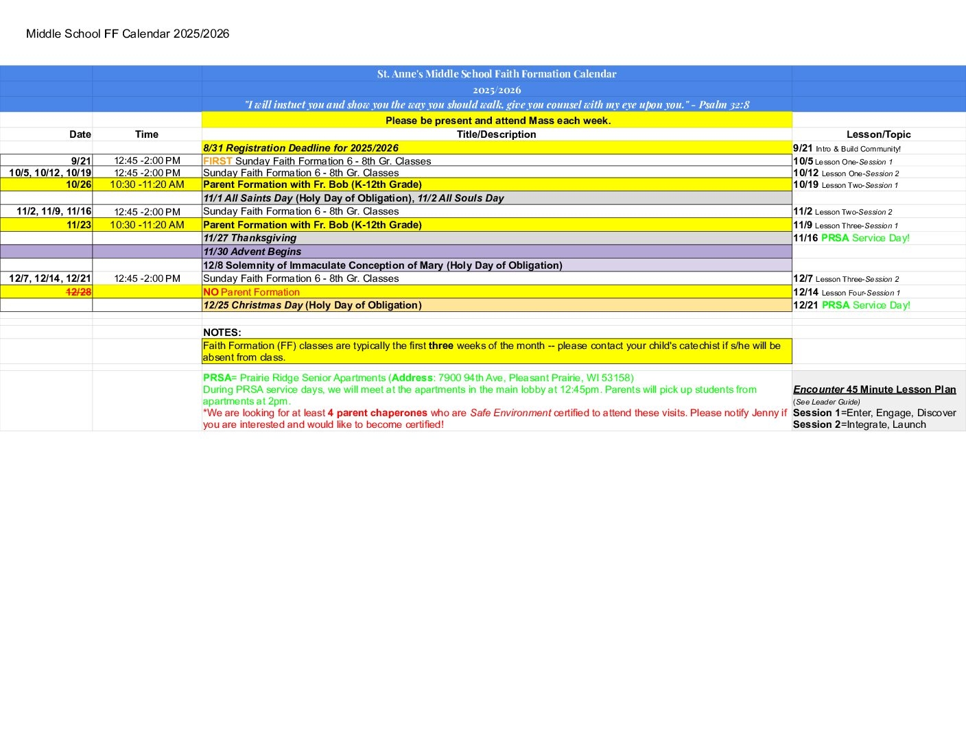 Middle School FF Calendar 2025 2026 September December 2025 St Anne Catholic Church