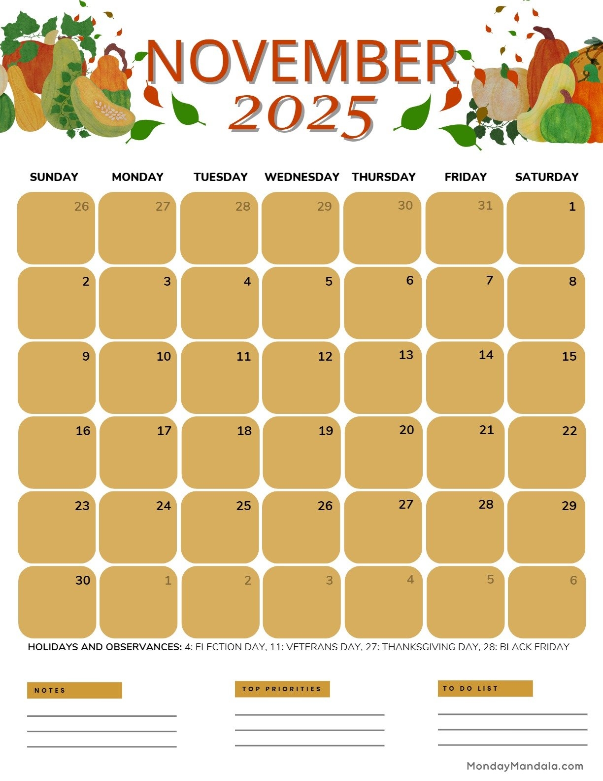 Thanksgiving November 2025 Calendar