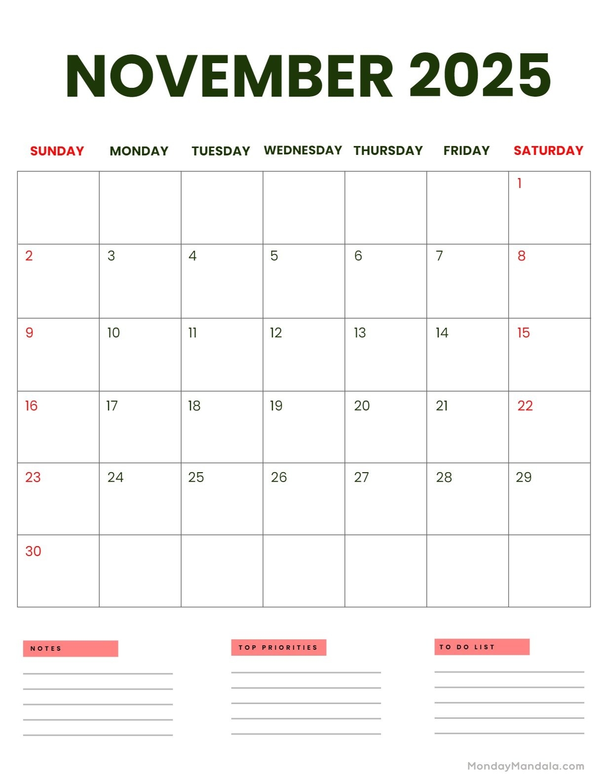 Calendar November 2025 With Holidays