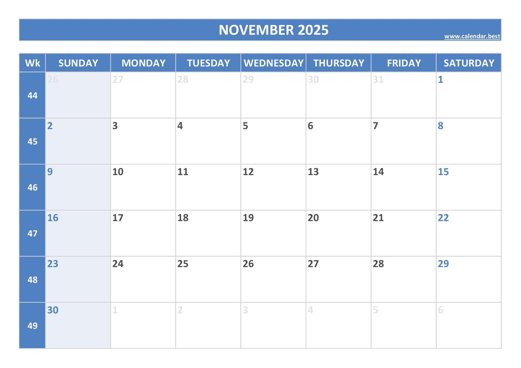 November Calendar Of 2025
