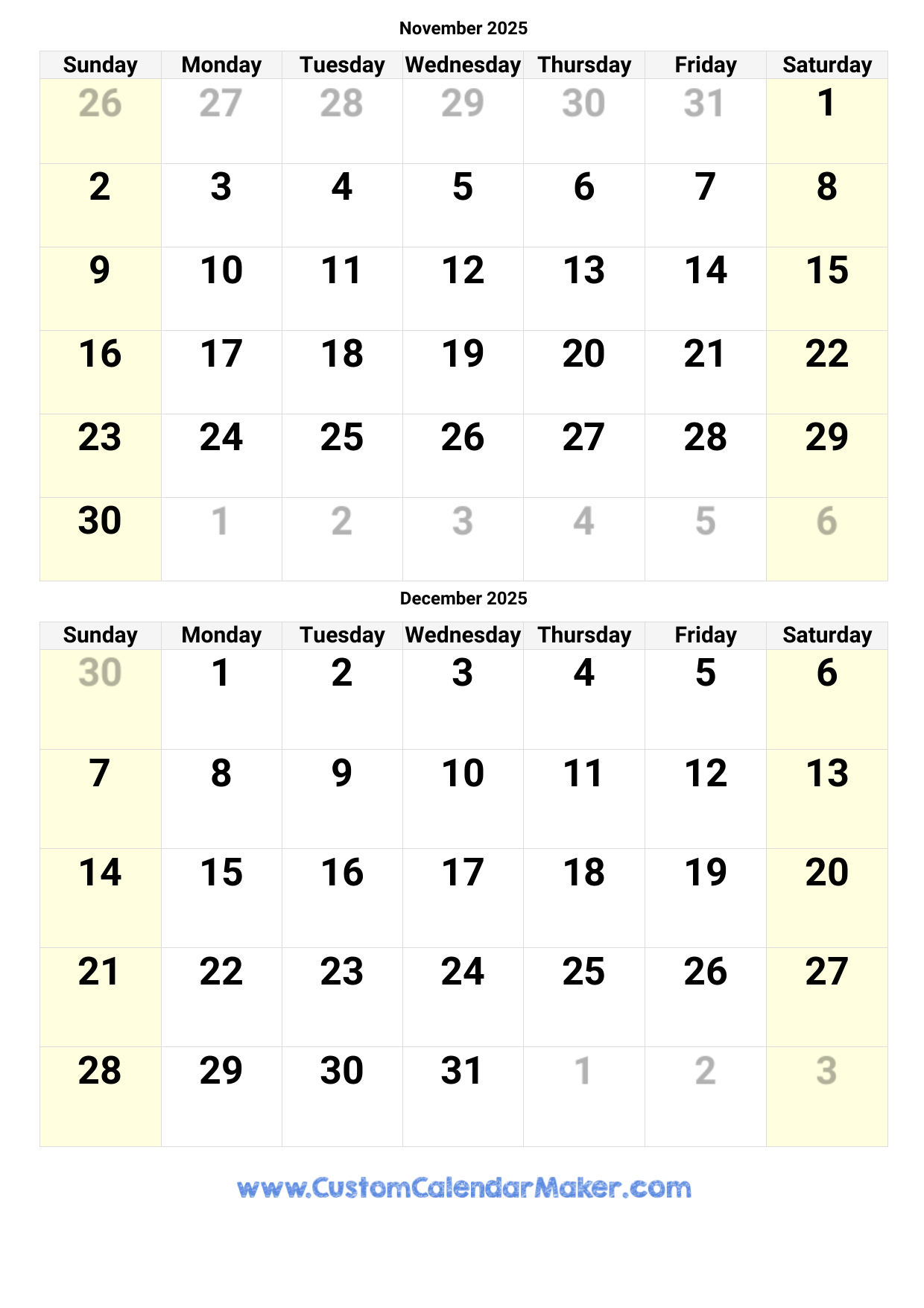 Calendar 2025 November December