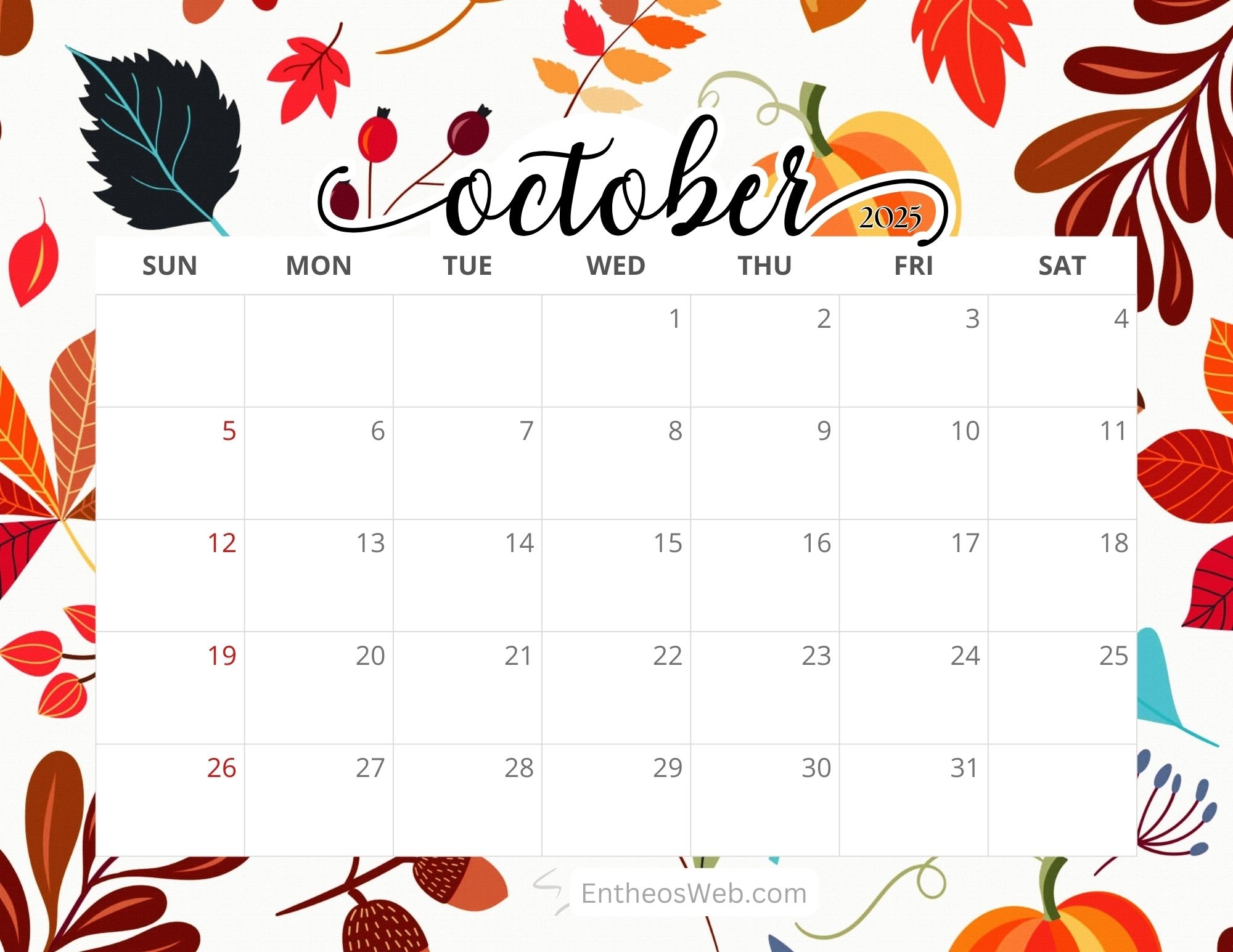 October Free Printable Calendar 2025
