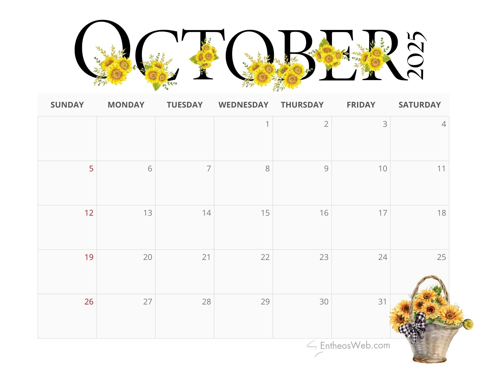 Monthly Calendar 2025 October
