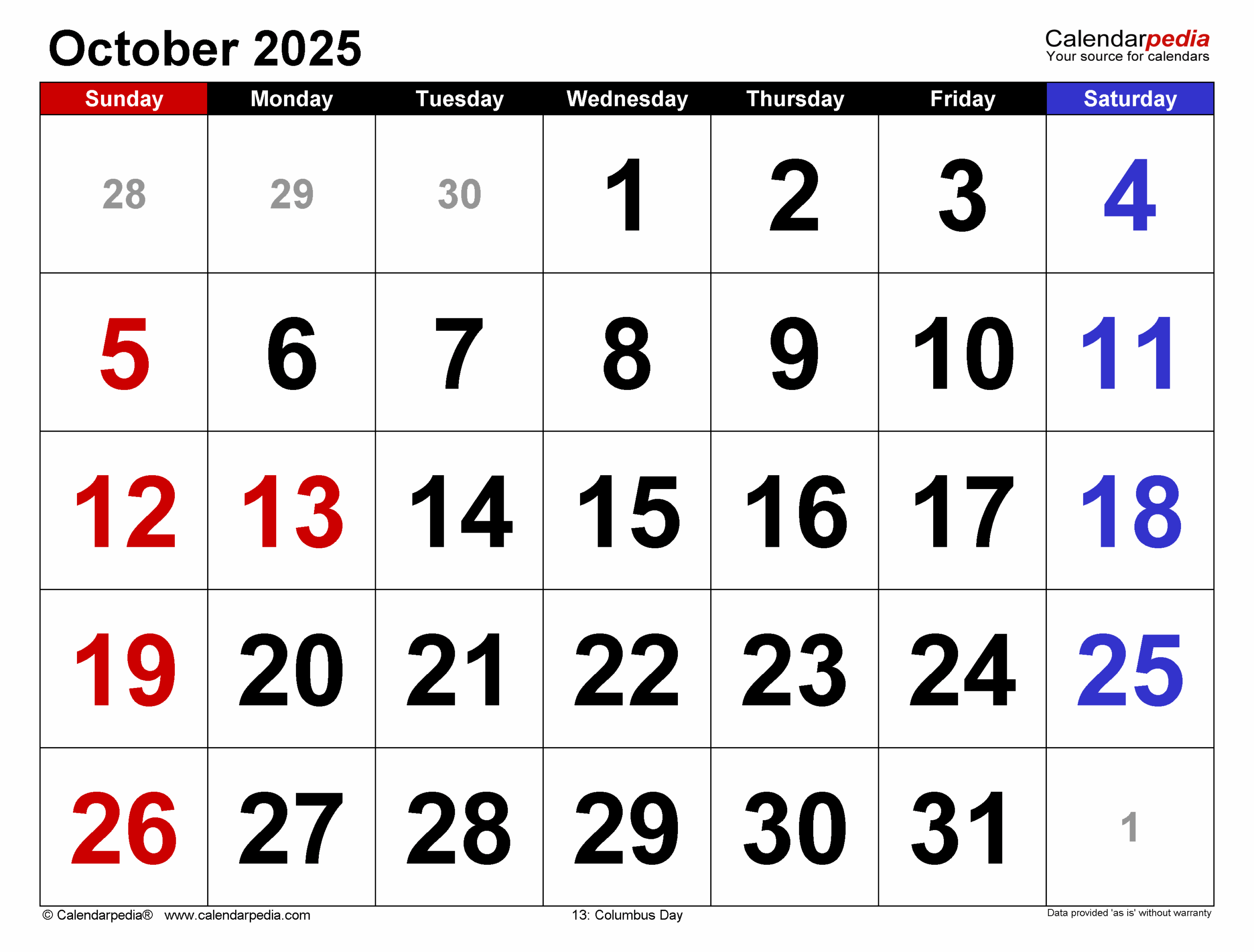 Editable October Calendar 2025