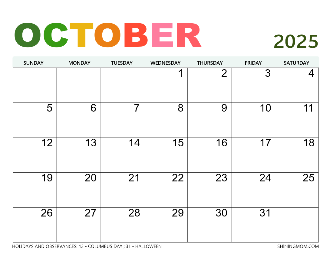Free Printable Calendar October 2025