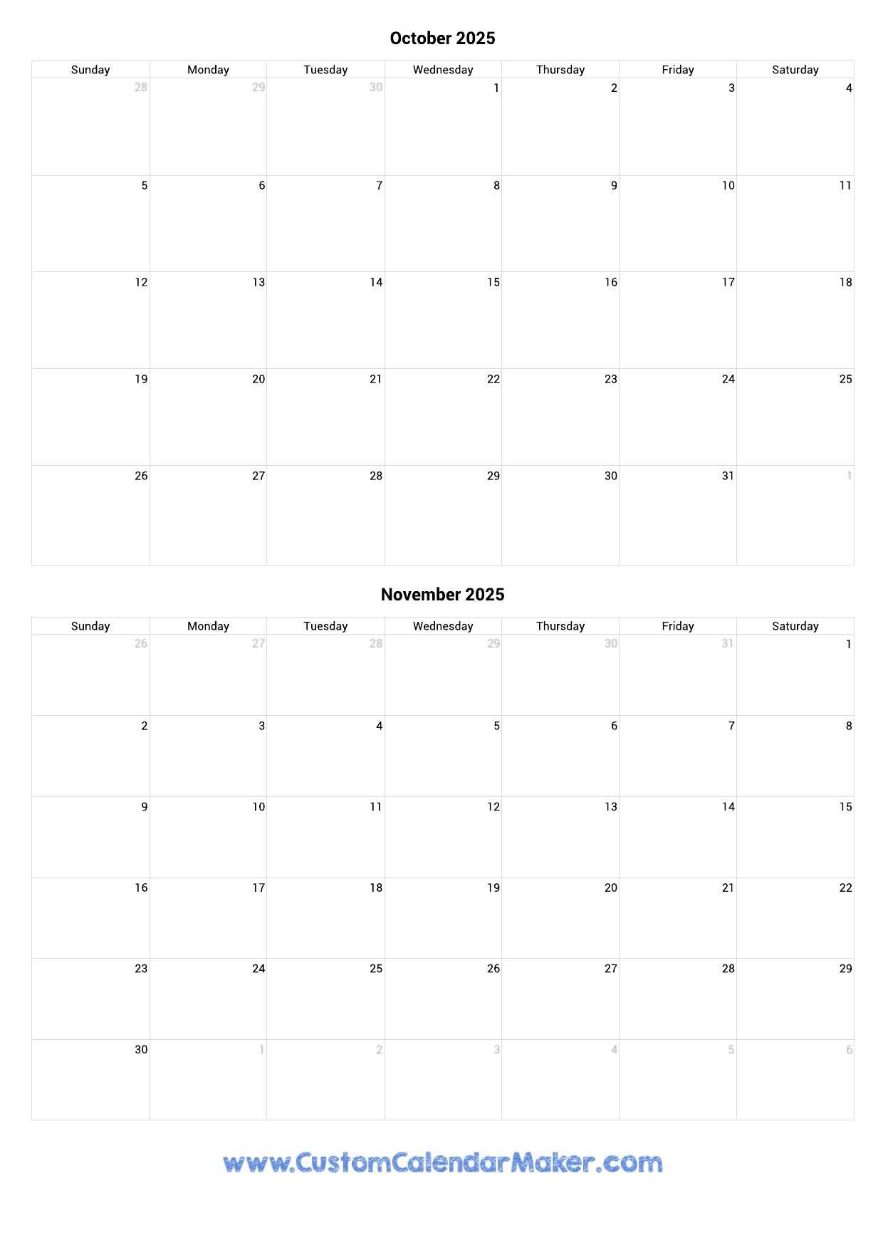 October November 2025 Calendar Printable