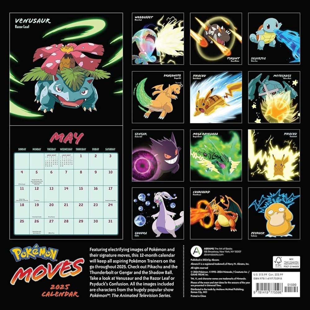 Pok mon Moves 2025 Wall Calendar