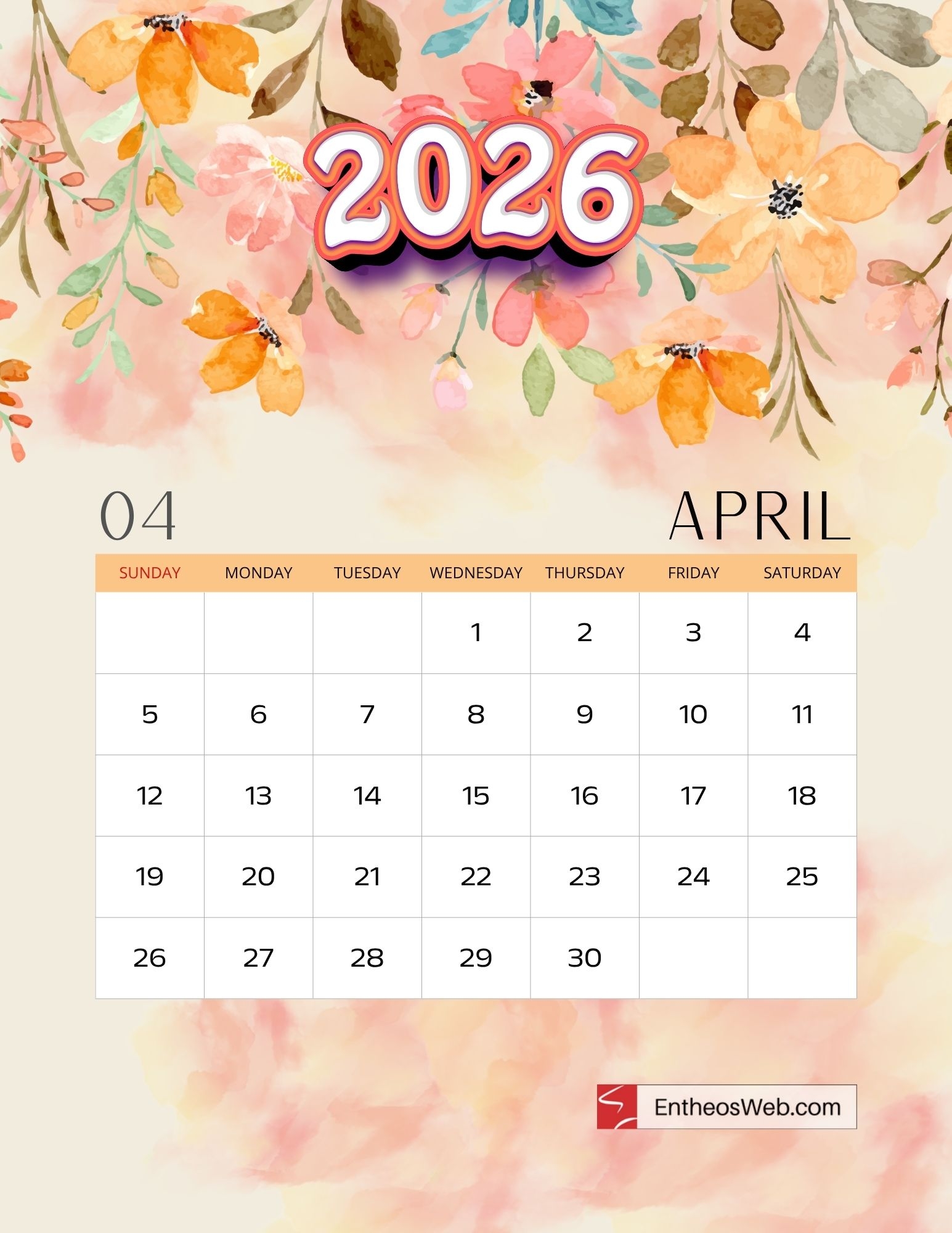 April Wallpaper Calendar 2026