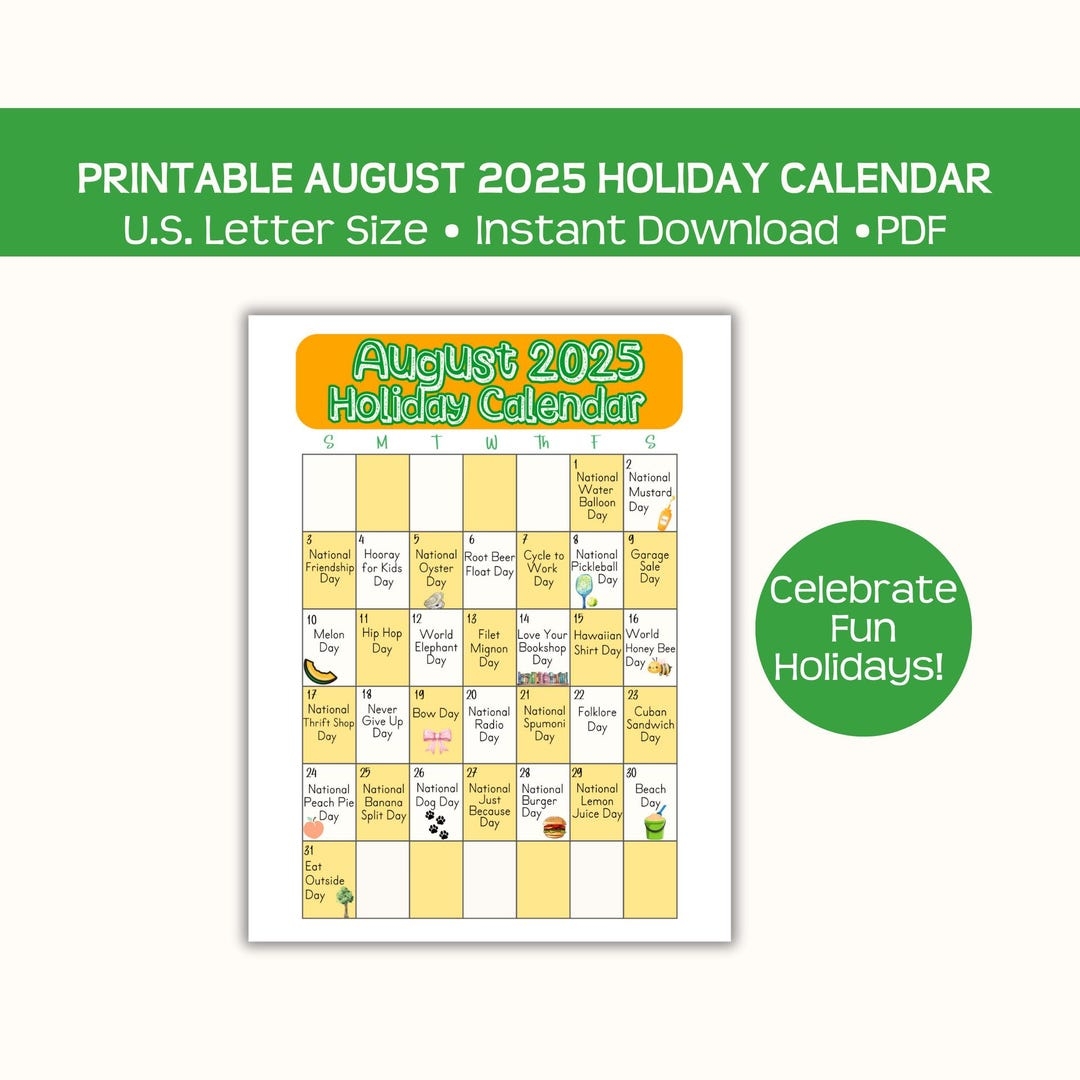 Printable August 2025 Holiday Calendar Page Fun And Whacky Holidays Hang On Fridge Affordable Pdf Download Etsy