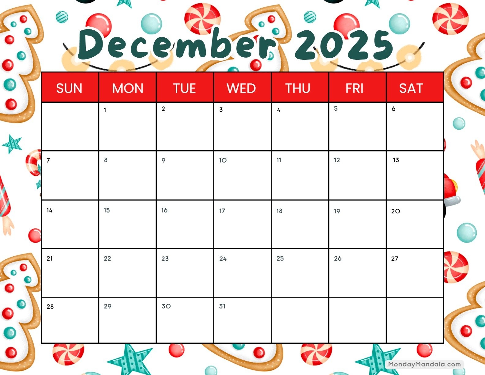 December 2025 Weekly Calendar Printable