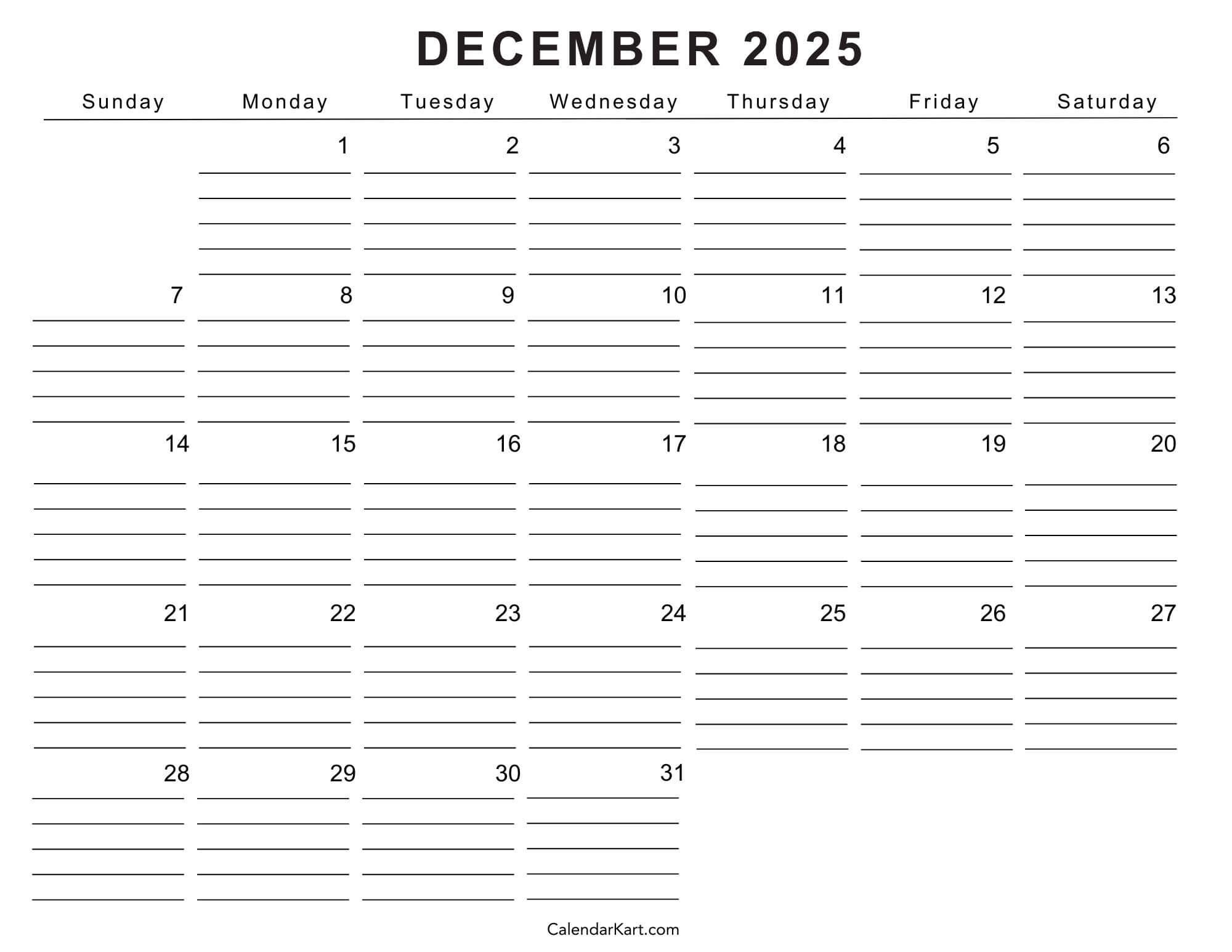 Calendar December 2025 Editable