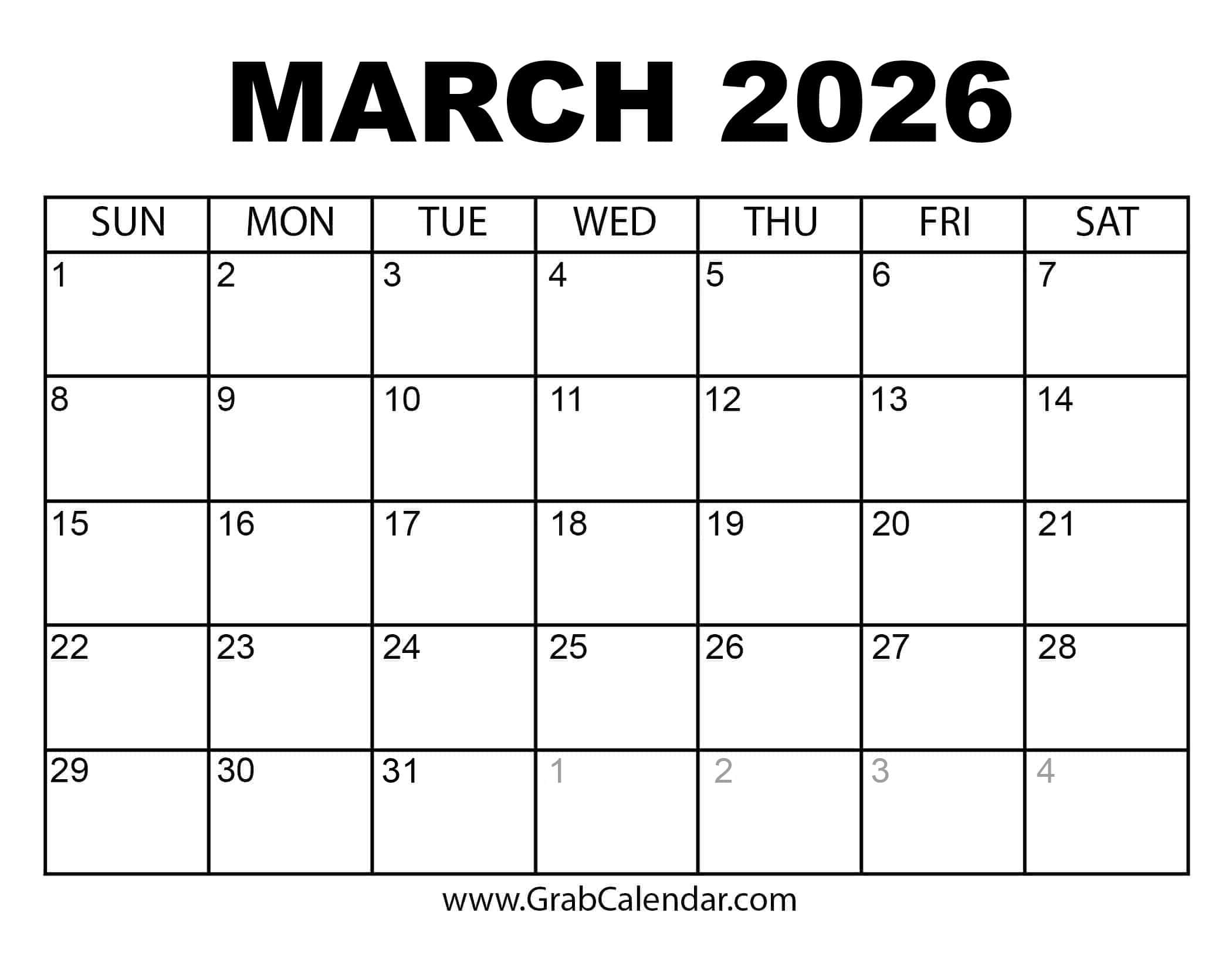 Fillable March 2026 Calendar