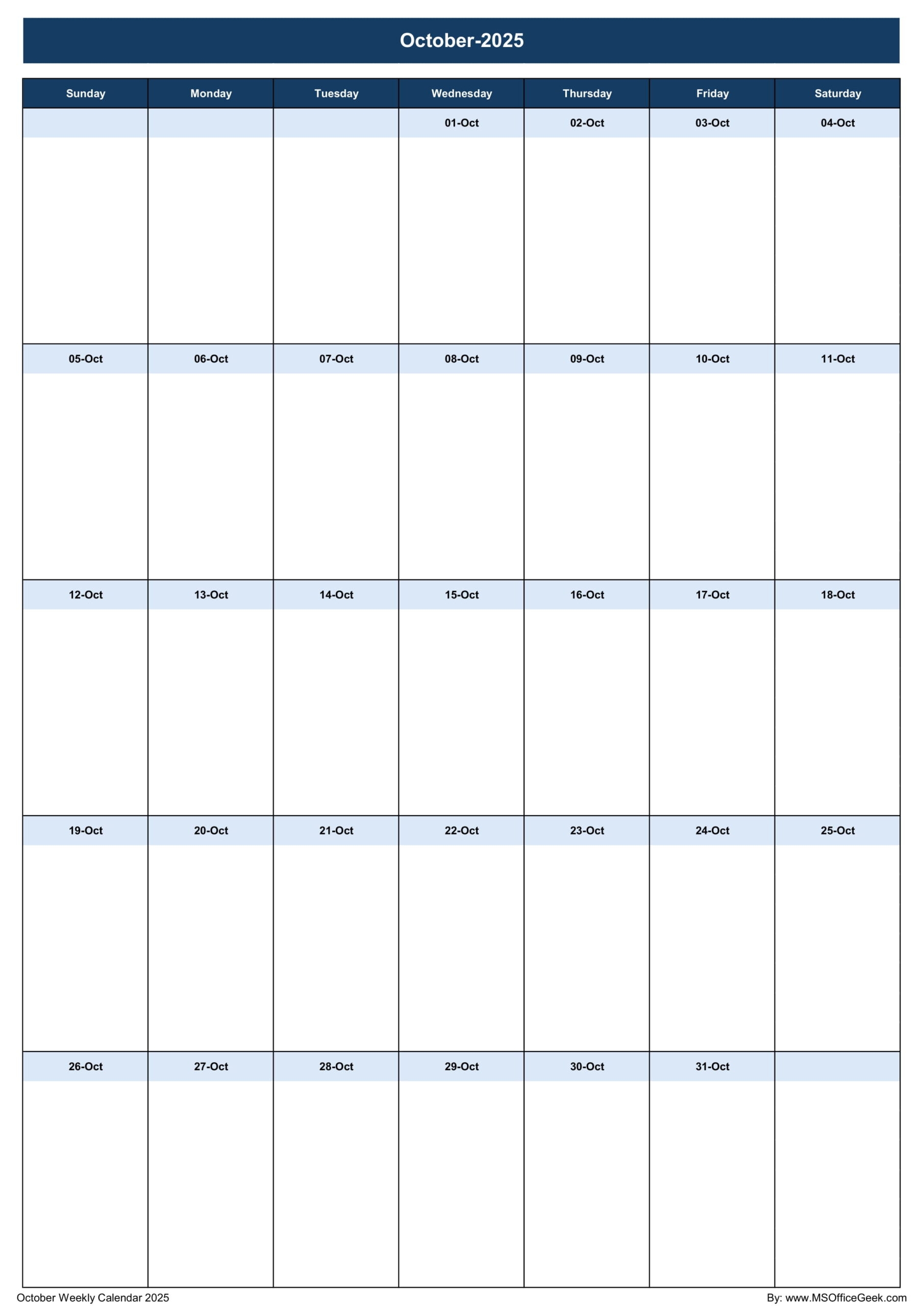 October 2025 Calendar Excel