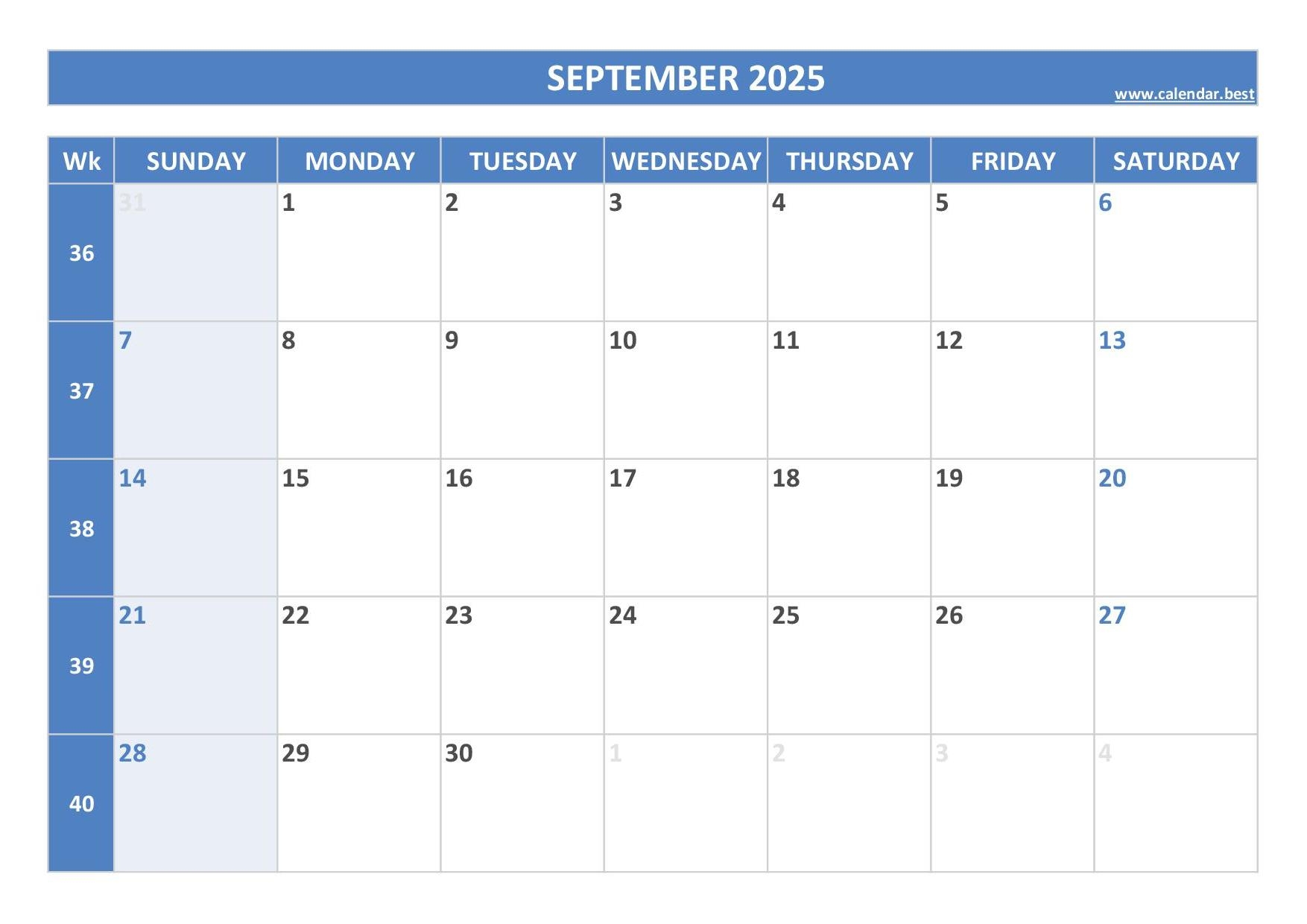 Calendar For September Of 2025