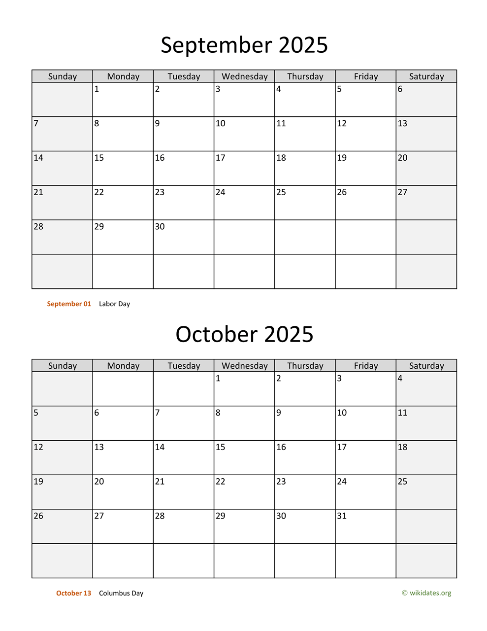 Calendar September October November 2025