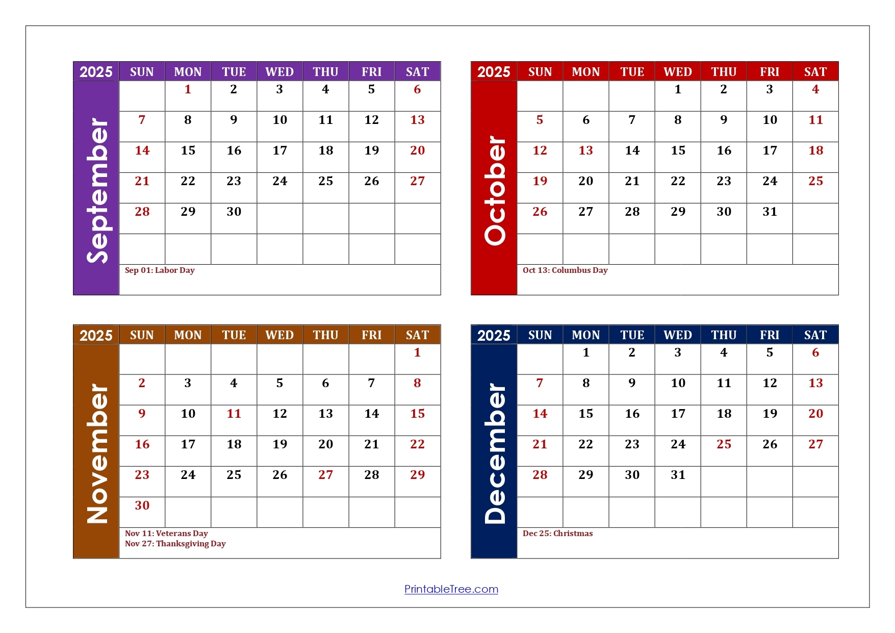 September October November December 2025 Calendar