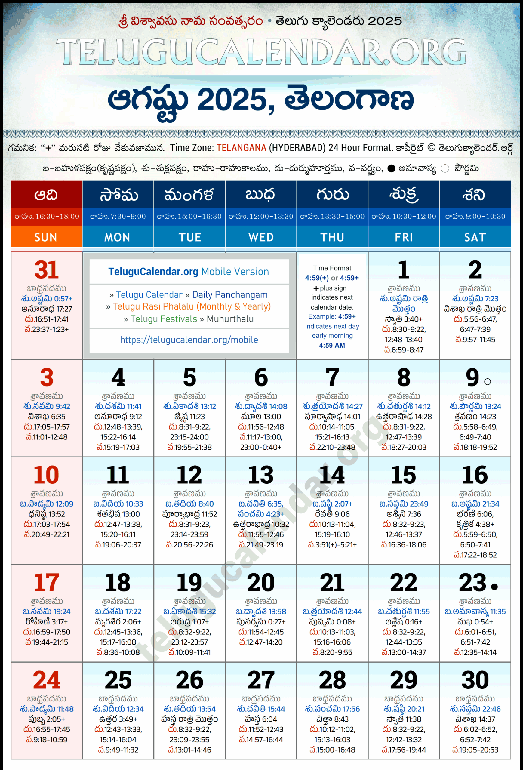Telugu Calendar 2025 August