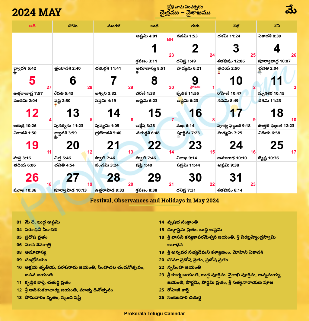 May Telugu Calendar 2026